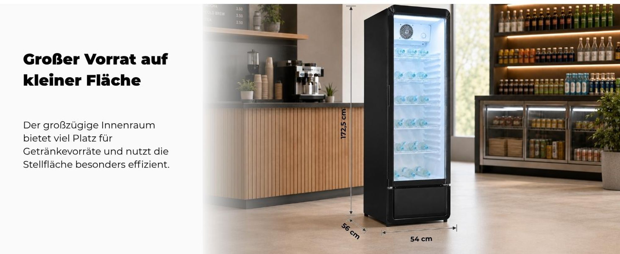 Exquisit Glastürkühlschrank, 280l Getränkekühlschrank mit LED, Umluft, 5 verstellbare Ablagen, CoolPro, GKS5260-GT-431D schwarz