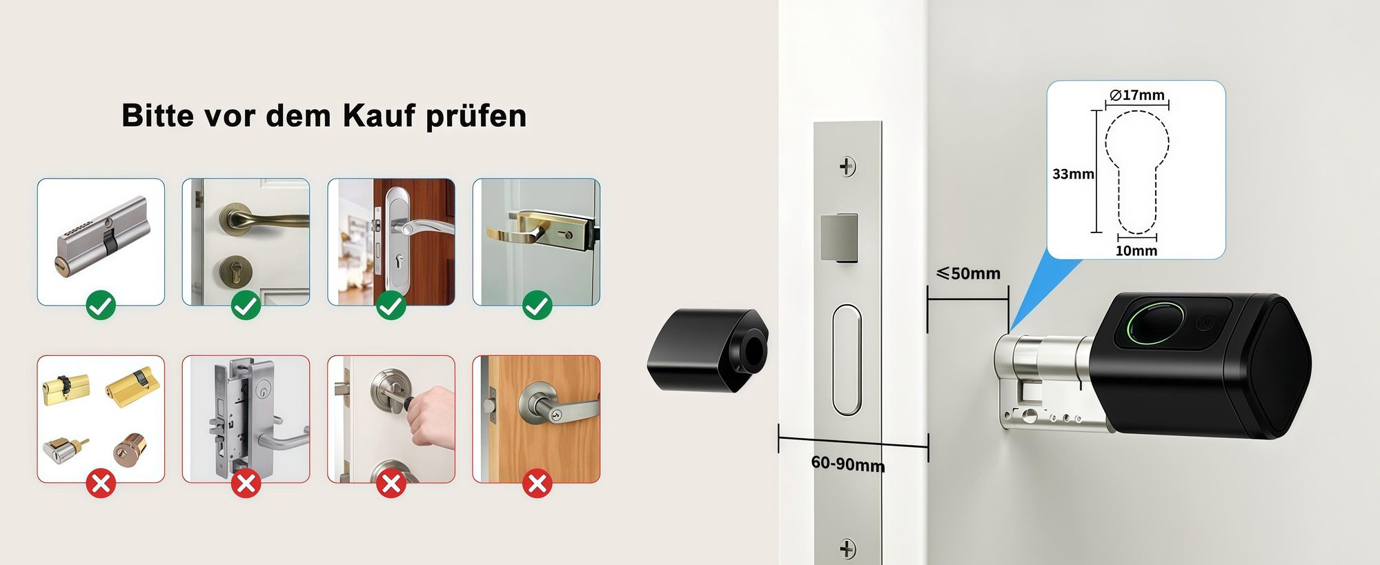 Smartes Türschloss Elektronischer Schließzylinder, Längenverstellbar (60-90mm) für Europrofil, 5-in-1 (Fingerabdruck, Tuya App, PIN, RFID, Schlüssel)
