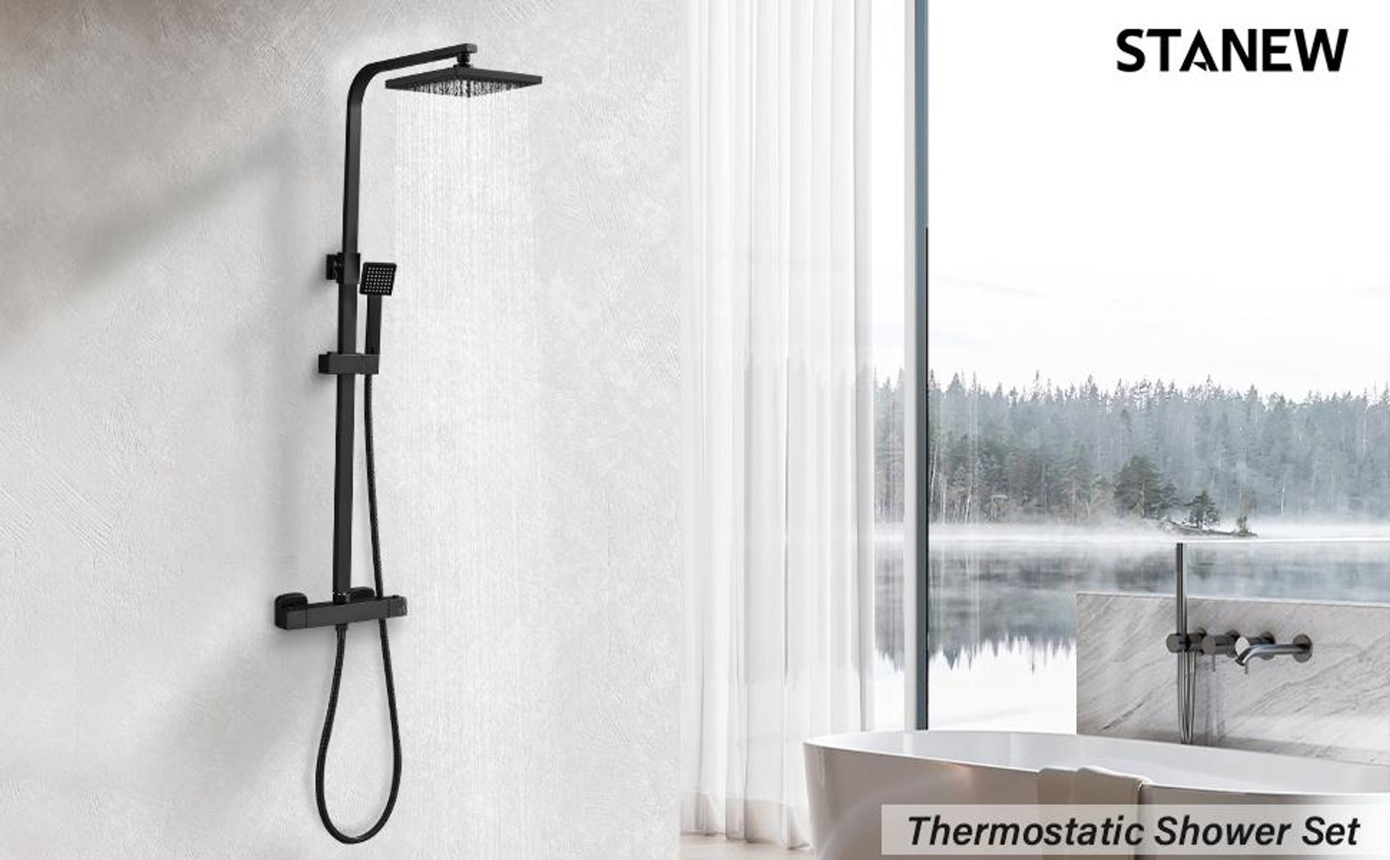 STANEW Duscharmatur mit Thermostat, 70-115 cm Höhenverstellbar, Regendusche (200 x 200 mm) mit Handbrause (2 Strahlarten), Chrom