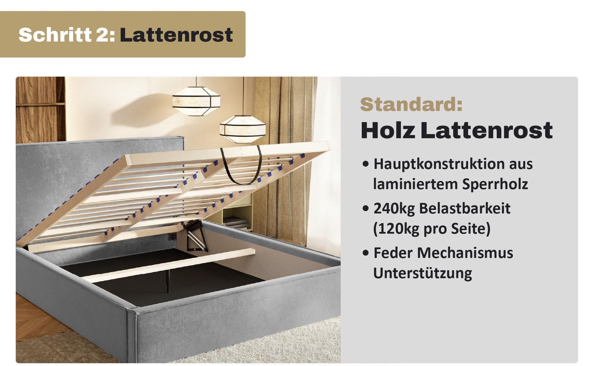 MOTIVENA Boho Polsterbett 120x200 mit Bettkasten, Holz Latttenrost, Bett 120x200 Beige Boucle (Catch Me 02)