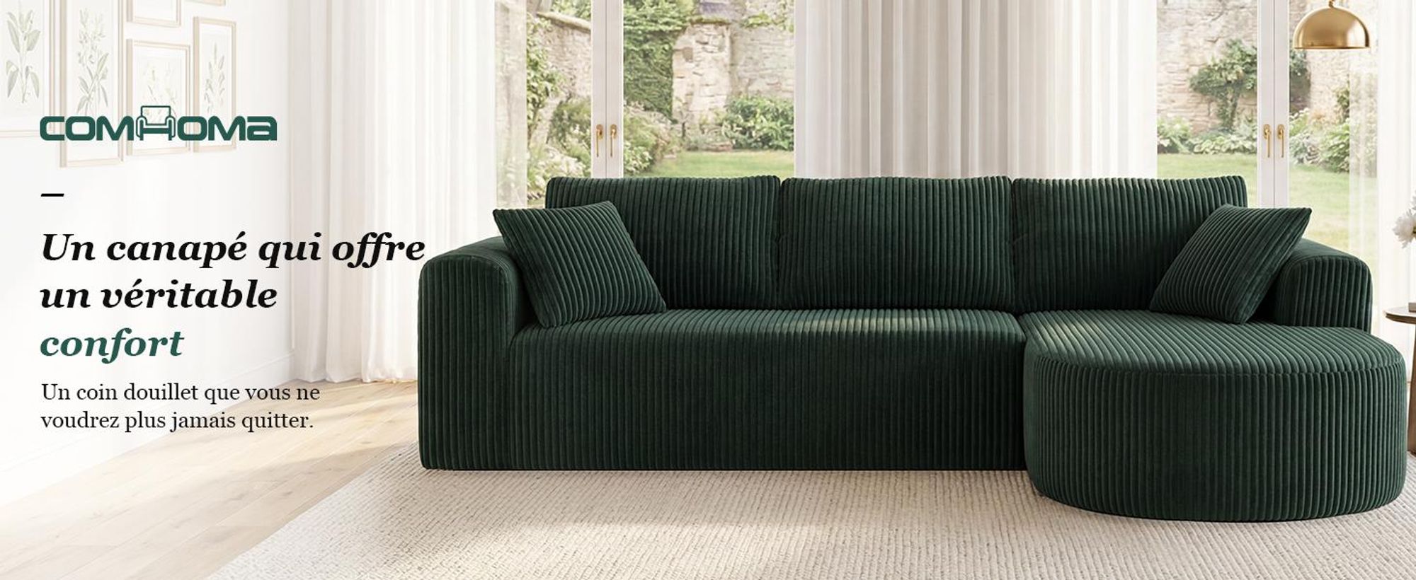 Canapé d'angle COMHOMA avec fonction convertible, 263 cm, en velours, modulaire, sans structure visible, avec chaise longue, canapé d'angle convertible, canapés modulaires avec coussins et poche latérale