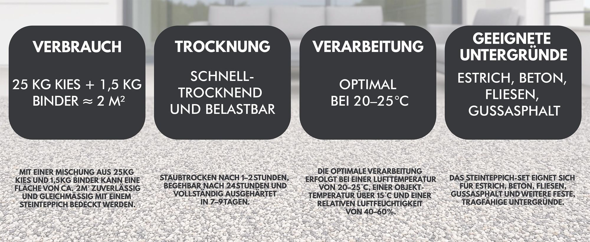 Steinteppich in 5 Schritten verlegen – reinigen, grundieren, mischen, auftragen, versiegeln