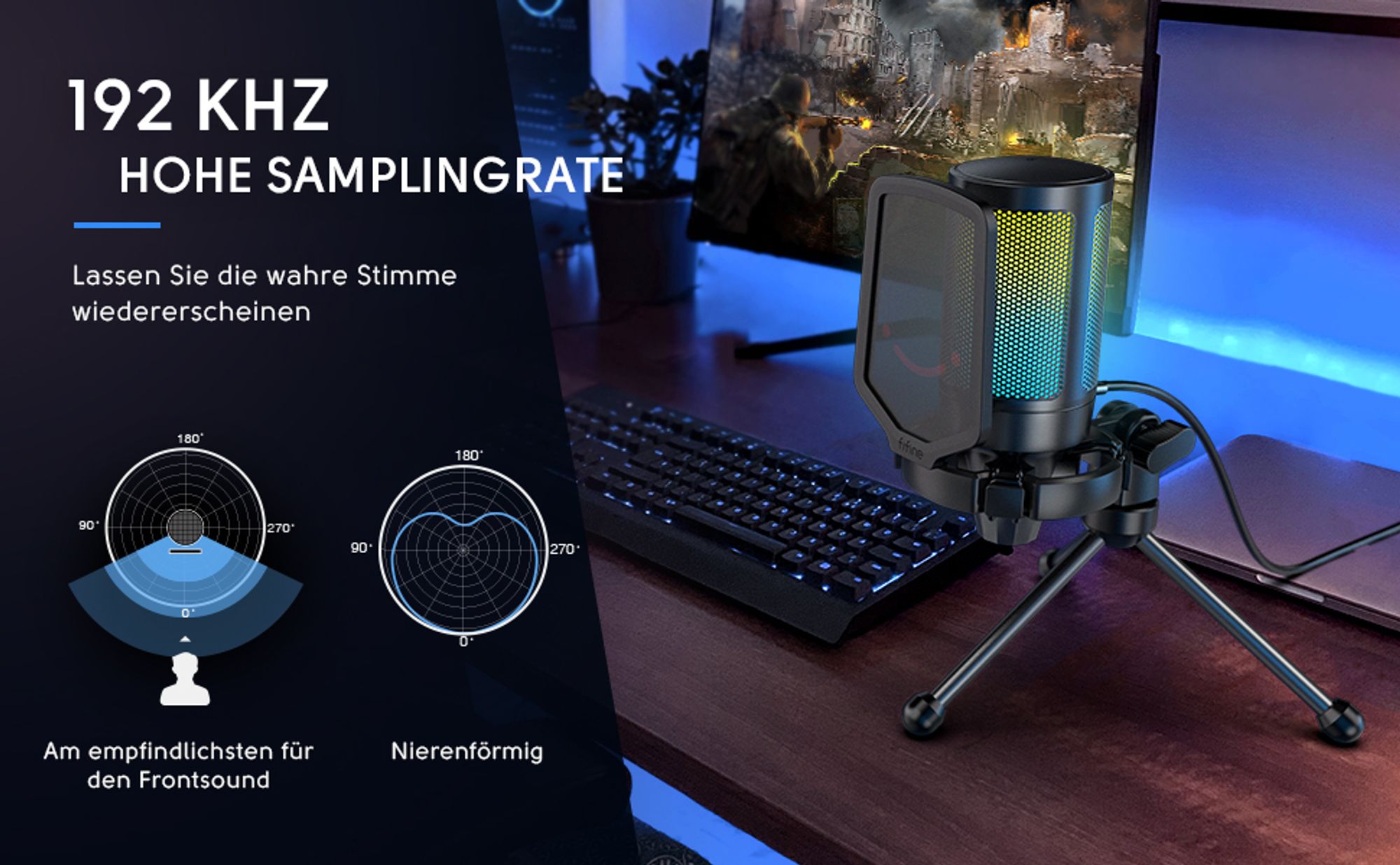 FIFINE Gaming Mikrofon PC USB Streaming Microphone mit Mikrofon Ständer, Schwarz