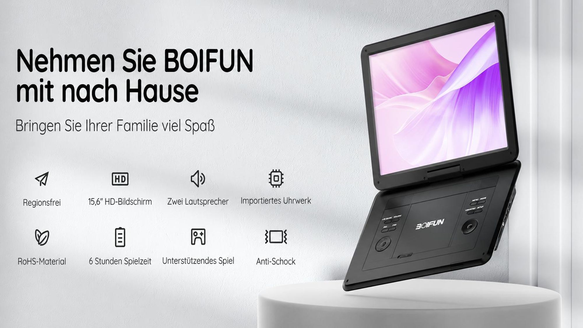 17,5'' Tragbarer DVD Player mit drehbarem 15,6 Zoll-HD CD Player, wiederaufladbarer 6 Stunden-Batterie synchronisiertem TV Multi-Disc-Format Schwar