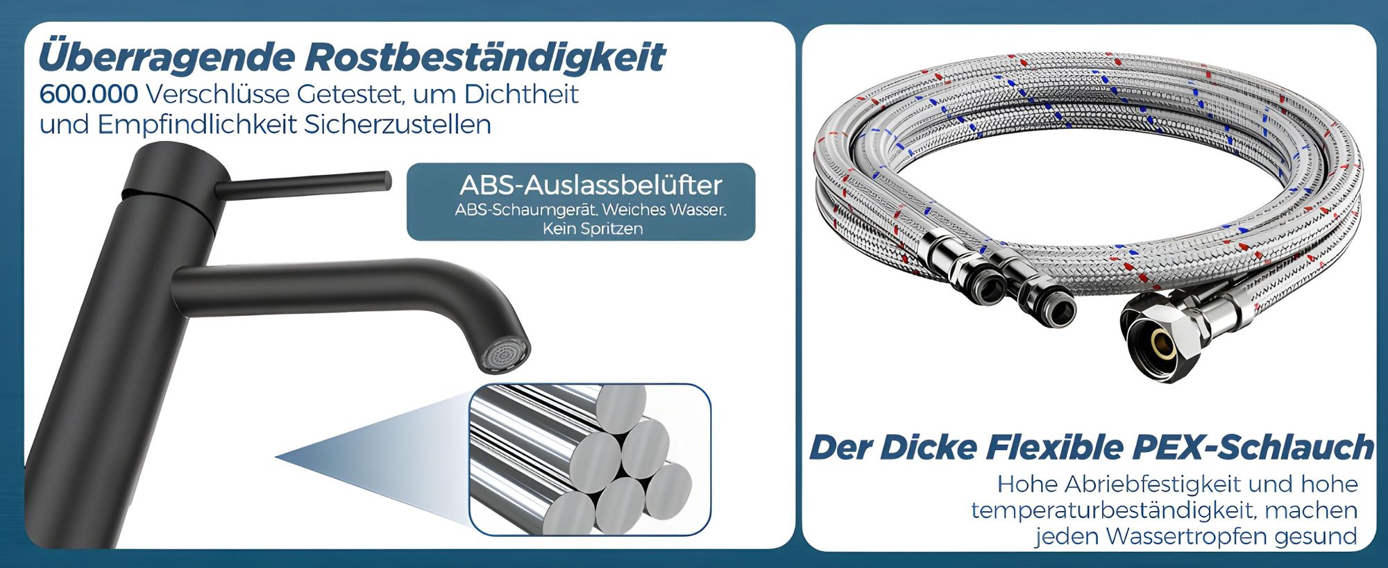 Wasserhahn Bad aus 304 Edelstahl, Auslaufsicher Keramikkartusche, Langlebig Armatur, Spritzfrei, Große Durchflussmenge und Hochdruck, für Bad, Küche
