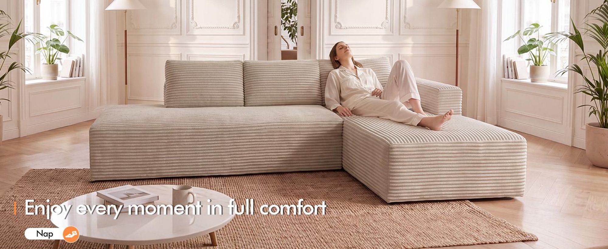 COMHOMA rohová sedačka s možnosťou rozloženia na lôžko, 228 cm, corduroy, modulárna, bez kostry, s chaise longue a kovovým rámom chrbta, L-tvarová sedačka s možnosťou rozloženia na lôžko, otvorená