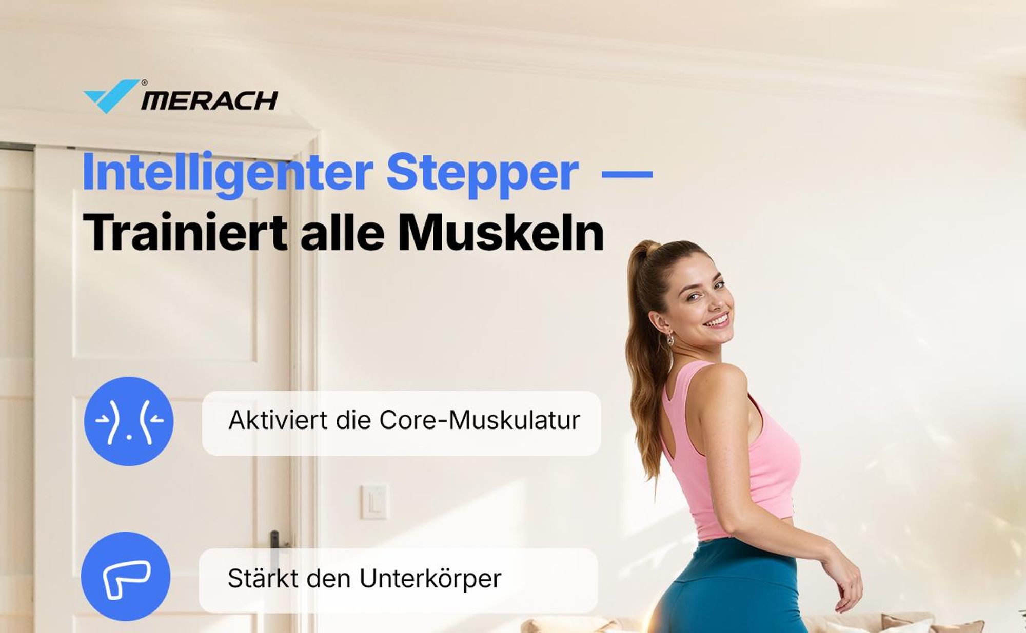 Stepper für Zuhause mit Power Ropes, 3D-Seitbewegung, LCD-Display, rutschfesten Pedalen, bis 150 kg, Merach, Schwarz-Blau