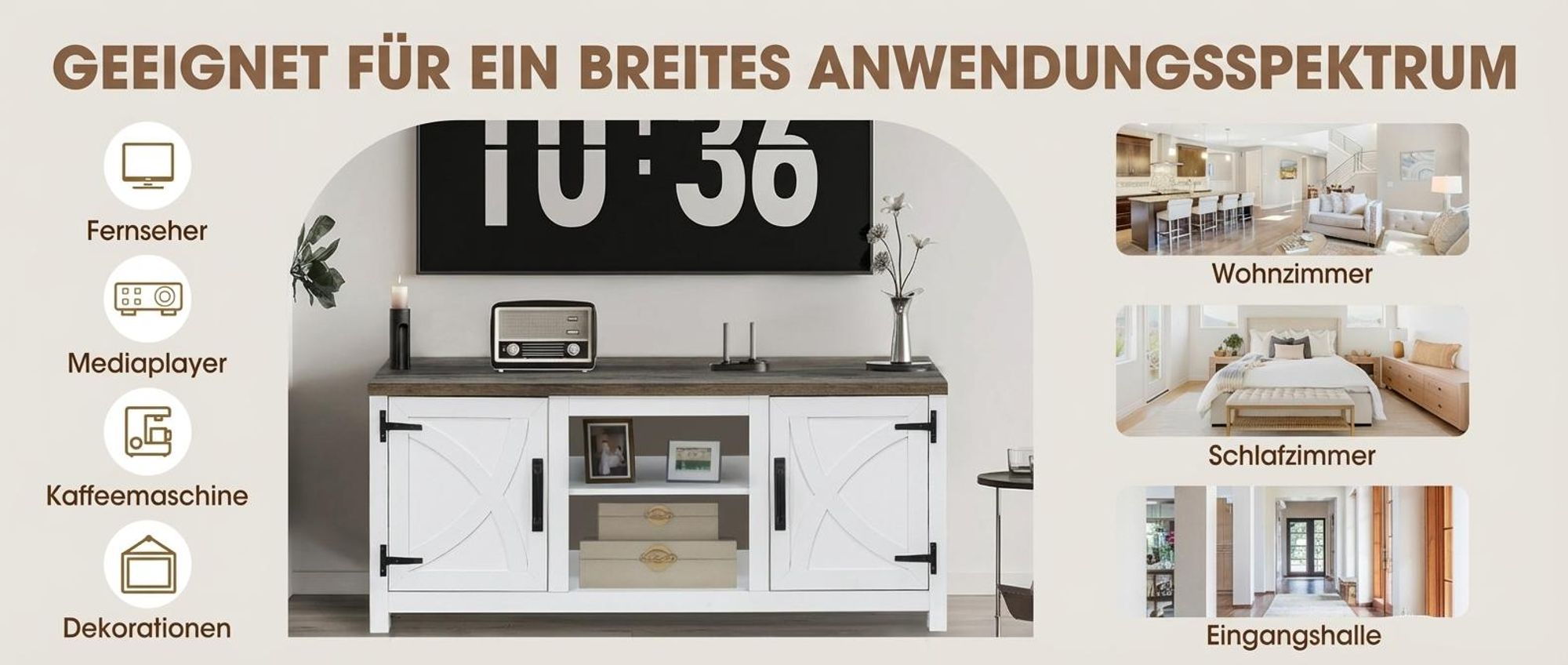 Parrot Uncle TV-Schrank für Fernseher bis 65 Zoll, MDF, Weiß , mit 2 offenen Fächern und 2 Tür, 147 x 41 x 62 cm, 54 kg Tragkraft