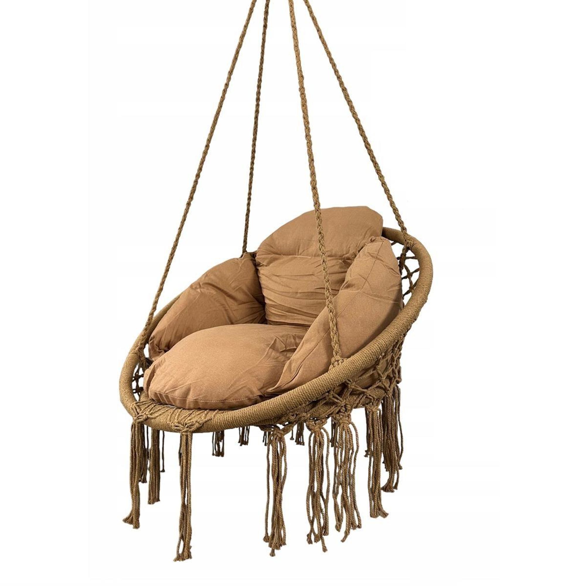 Hängesessel BLISS mit Kissen, Boho Hängestuhl Braun bis 150kg Belastbar, Baumwolle Makramee Schaukel für Garten, Balkon & Wohnzimmer, Hängeschaukel