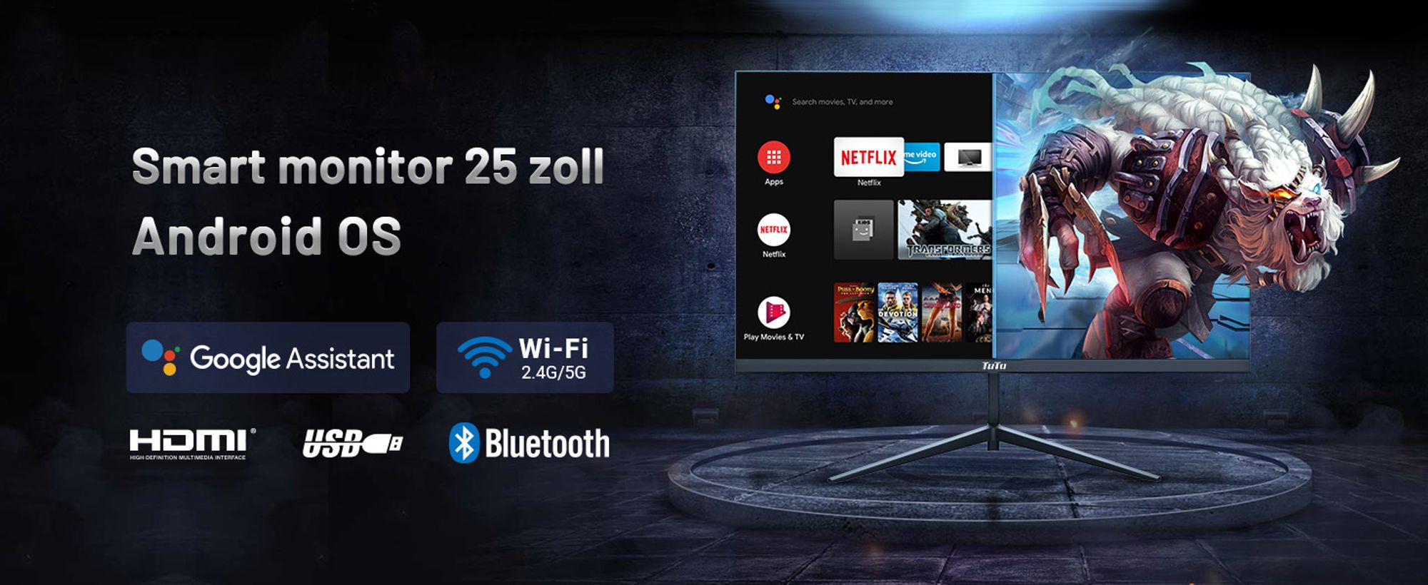 TuTu TU245J03 25 Zoll Full HD Smart TV & Monitor - Google TV - 2x HDMI, 2x USB mit Fernbedienung und HDMI-Kabel