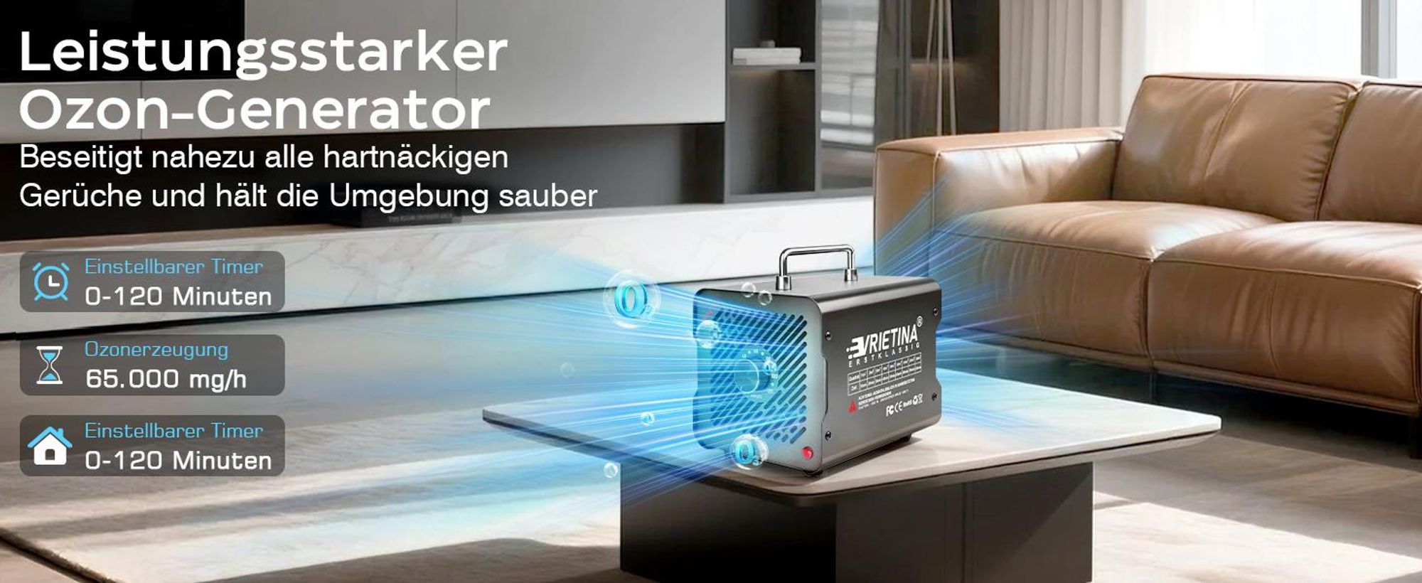 Ozongenerator 65000 mg/h, bis 300 m², Timer, Leise≤35 dB, Ozonisator Industrie, Geruchsbeseitigung/Desinfektion für Industrie, Haushalt, Auto, Hotel