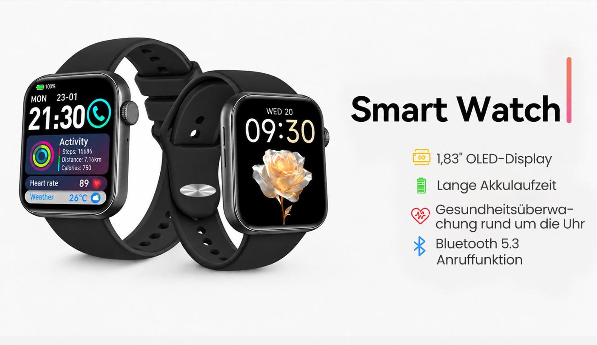 2026 Smartwatch Herren Damen 1.83 " AMOLED Display Smartwatch 800mAh Smartwatch Herzfrequenz-/Atemübungen-/SpO2-/Schlafüberwachung für Android und iOS
