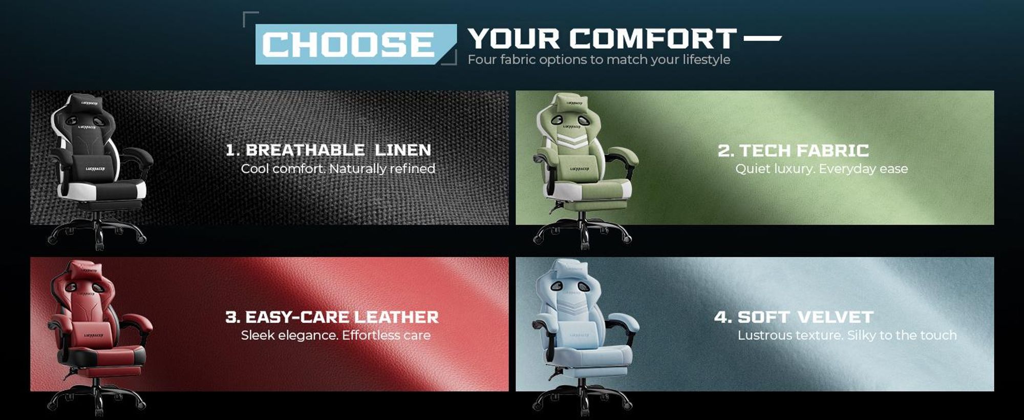 LUCKRACER Gaming stoel, bureaustoel met verbonden armleuningen, memory foam kussens, een kantelbereik van 90–155° en een voetsteun, gemaakt van duurzaam materiaal