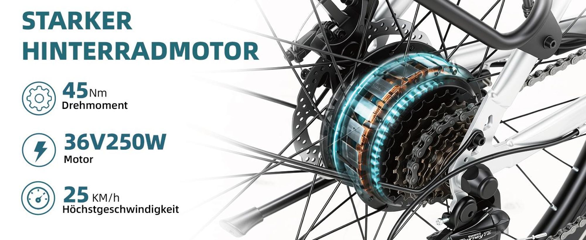 PiXELPiLOT E Bike 26 Zoll, City E-Bikes mit 250W Heckmotor, 36V 14,5Ah 522Wh Akku, Shimano 7-Gang, bis 75 km, Scheibenbremsen, Federgabel