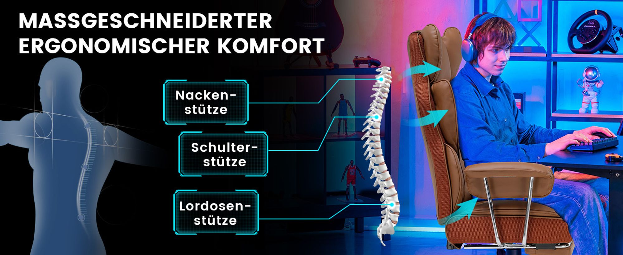 GTPLAYER Gaming Stuhl, Gamer Stuhl, Ergonomischer Bürostuhl mit Fußstütze verstellbare Lenden und Kopfkissen, Gaming Chair Gepolstert, Gaming Sessel
