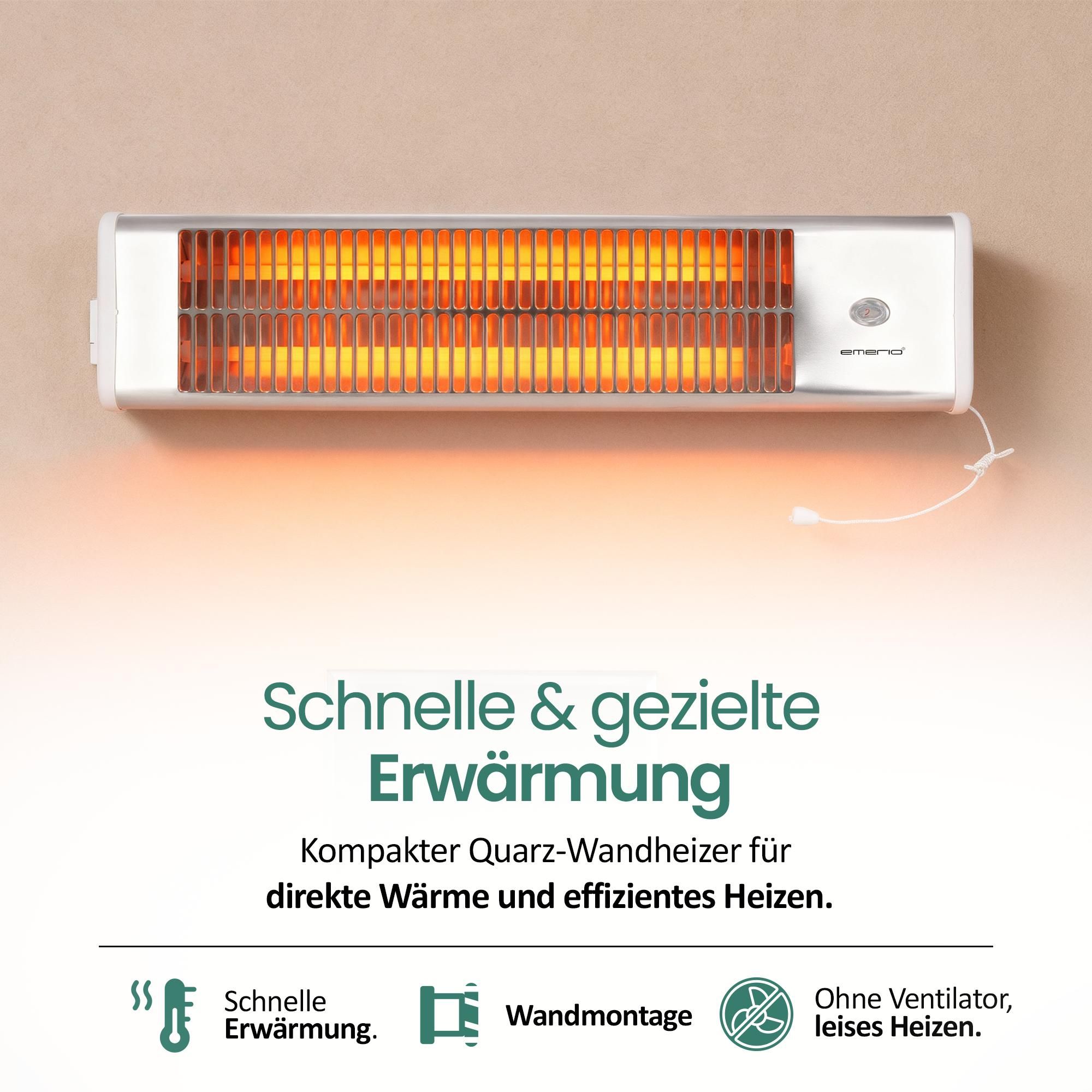 Emerio Quarz-Wandheizung QH-104263.6 – Bis 18 m² – Quarz-Heizelement – 2 Heizstufen – Zugschalter – Wandmontage – 1,4m Kabellänge – 1200W