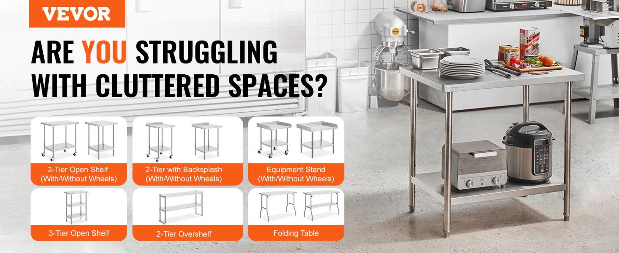 VEVOR Edelstahl Vorbereitungs Tisch, 24 x 24 x 34 Zoll, Schwerlast Metall Arbeitstisch mit 3 verstellbaren Höhenstufen, Gewerbliche Arbeitsstation für Küche Garage Restaurant Garten, 610x914x864 mm