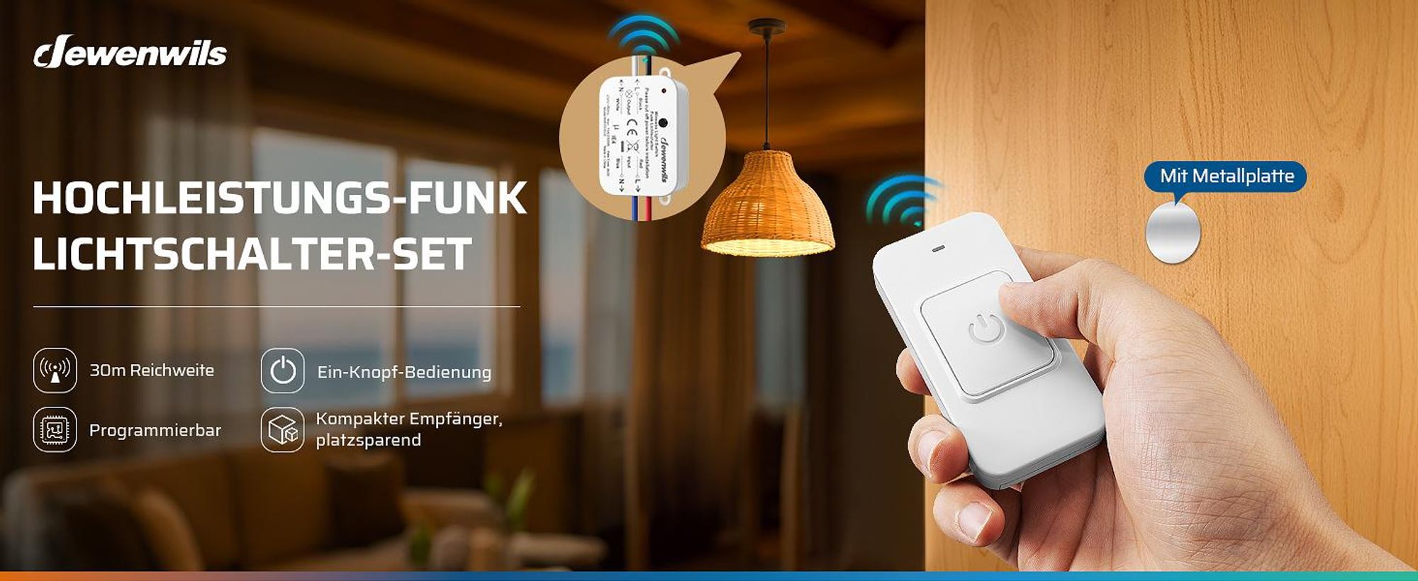 DEWENWILS Funk-Lichtschalter Set 230V, Magnetischer Funkschalter Mit Empfänger, Drahtlos, Reichweite Bis 30 m, 2300 W