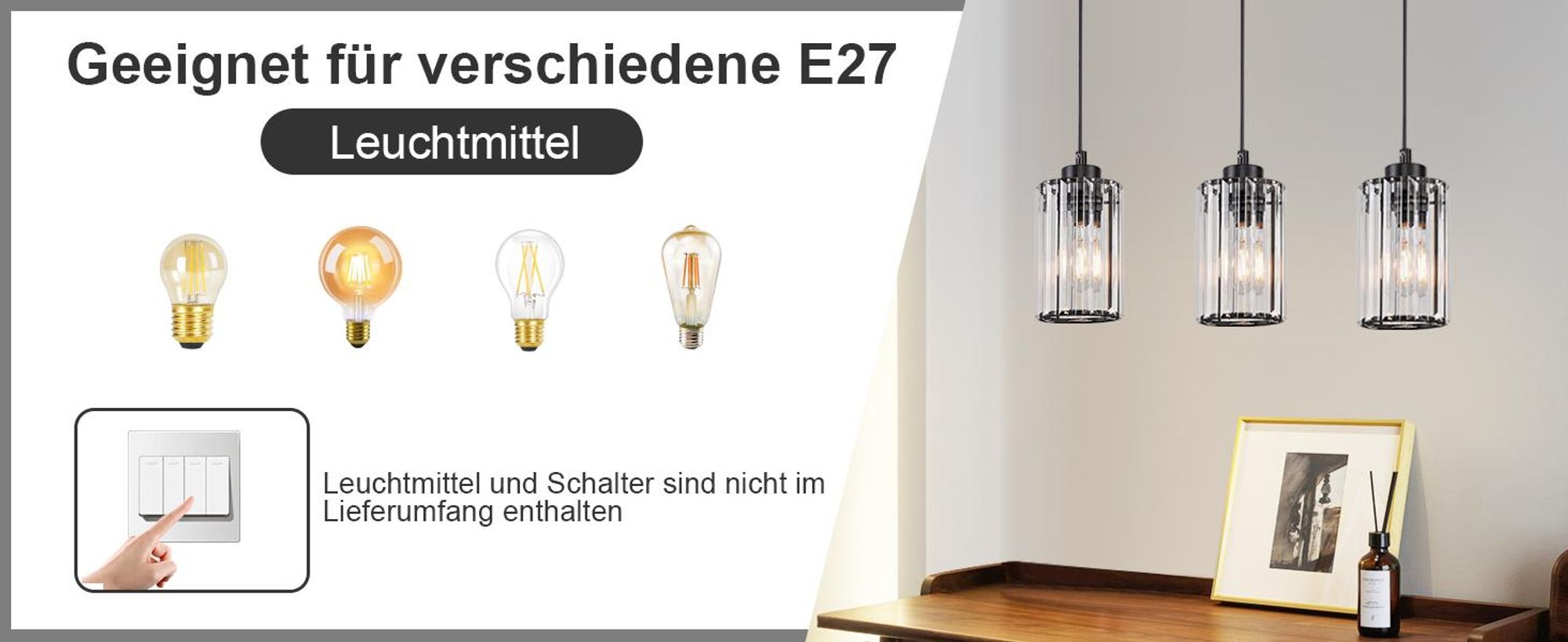 ZMH Hanglamp eettafel 3-lichts zwart kristal E27 fitting hoogteverstelbaar moderne pendellamp eetkamerlamp woonkamer slaapkamer keuken