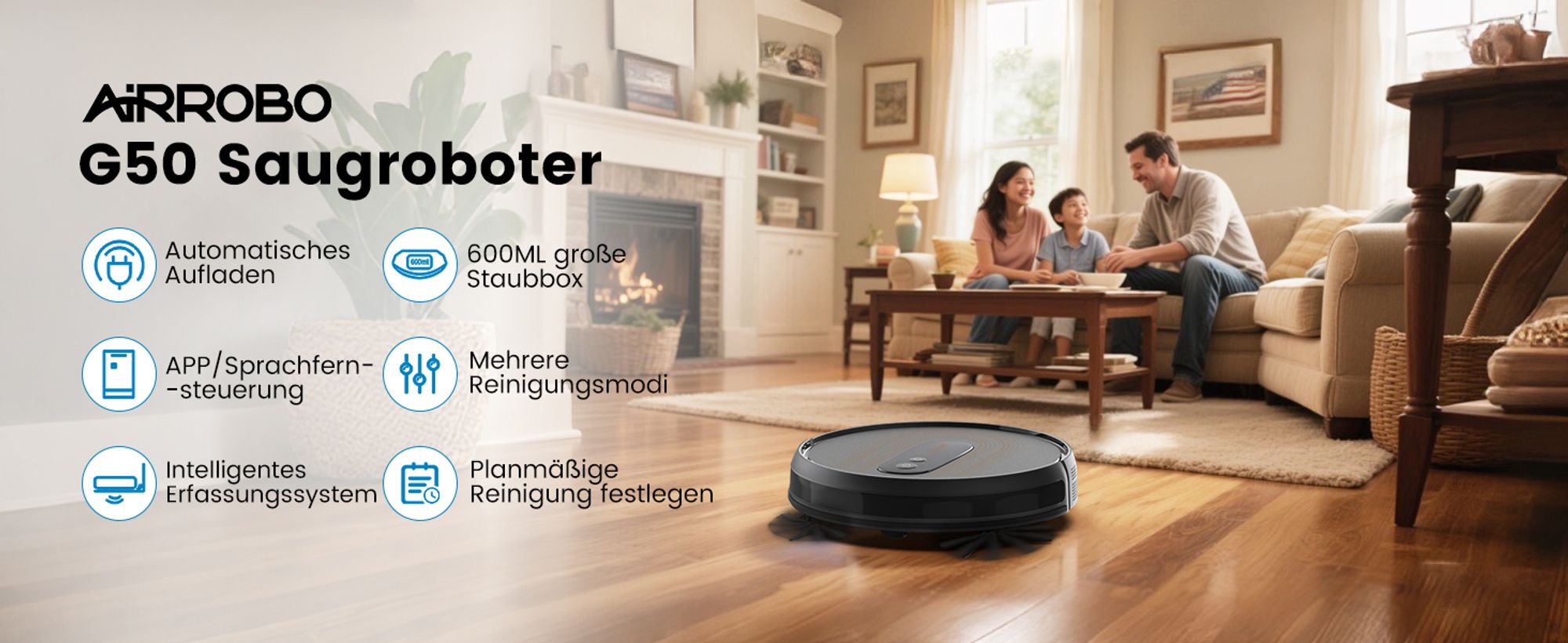 AIRROBO G50 Saugroboter fuer Tierhaare, Harte-boeden, Teppiche, 4000Pa Saugleistung, 140 m² Reichweite, Steuerung mit App/WiFi