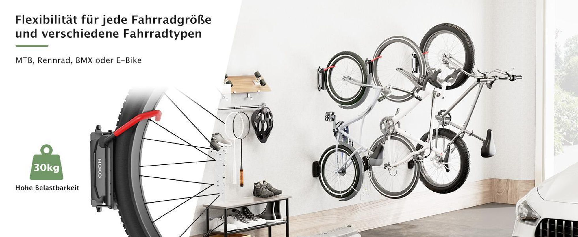 HOKO-VELO 30 Suspension de vélo pour le mur avec support de roue arrière en cadeau. Pivote sur le côté pour un rangement peu encombrant du vélo
