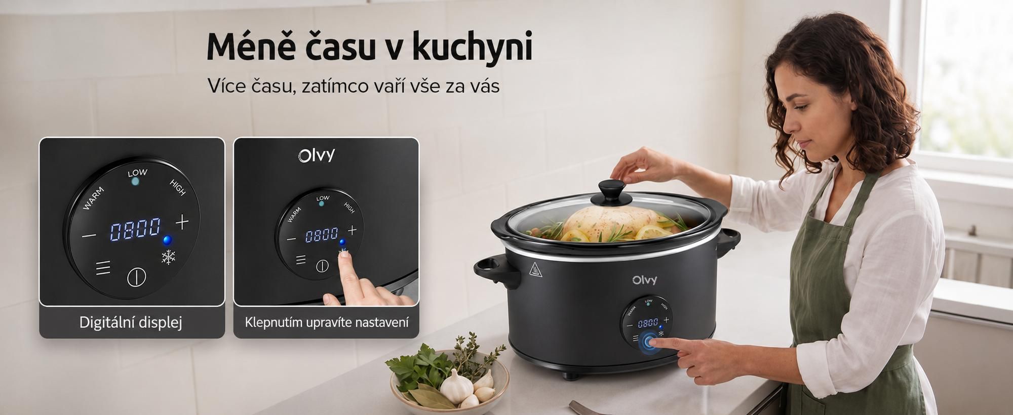 Digitální pomalý hrnec Olvy s časovačem – 6 litrů, šetrné vaření – keramický vnitřní hrnec – včetně kuchařky