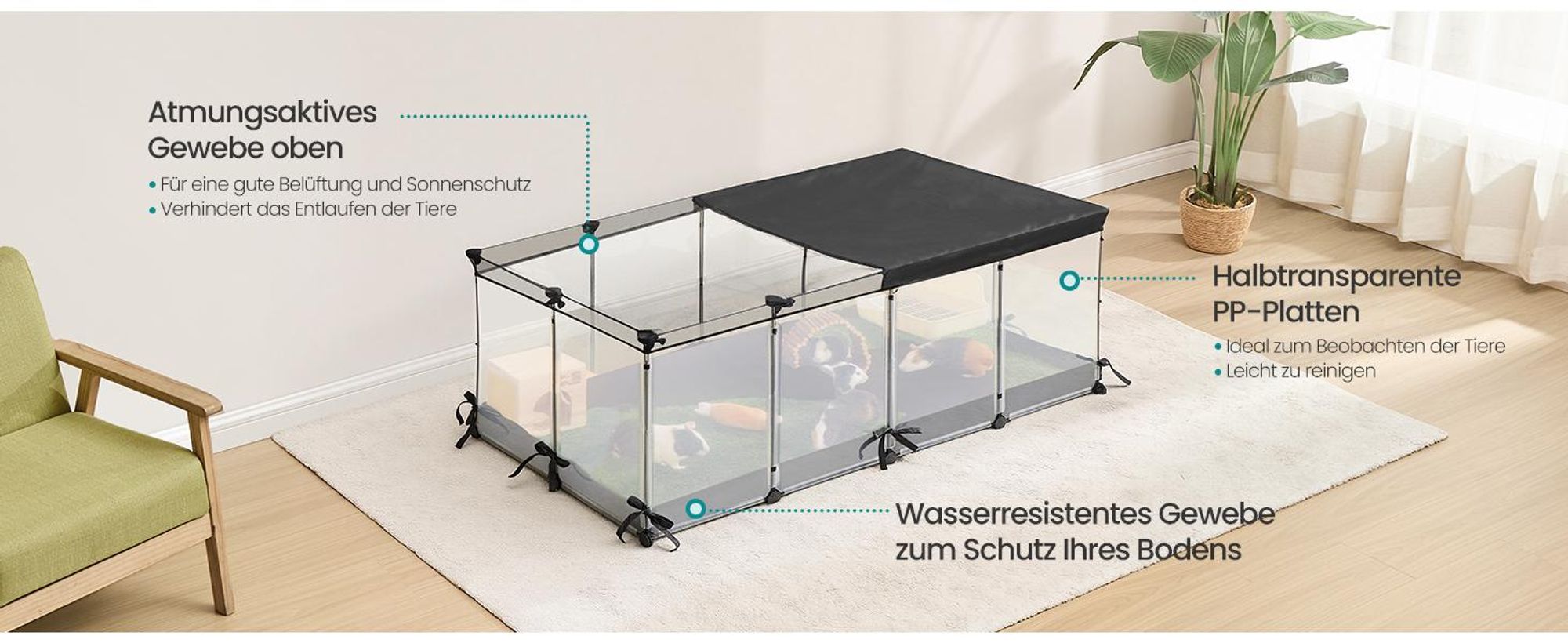 SONGMICS Kleintiergehege Freilaufgehege für Kaninchen mit Dach und Boden 120 x 60 x 40 cm Weiß