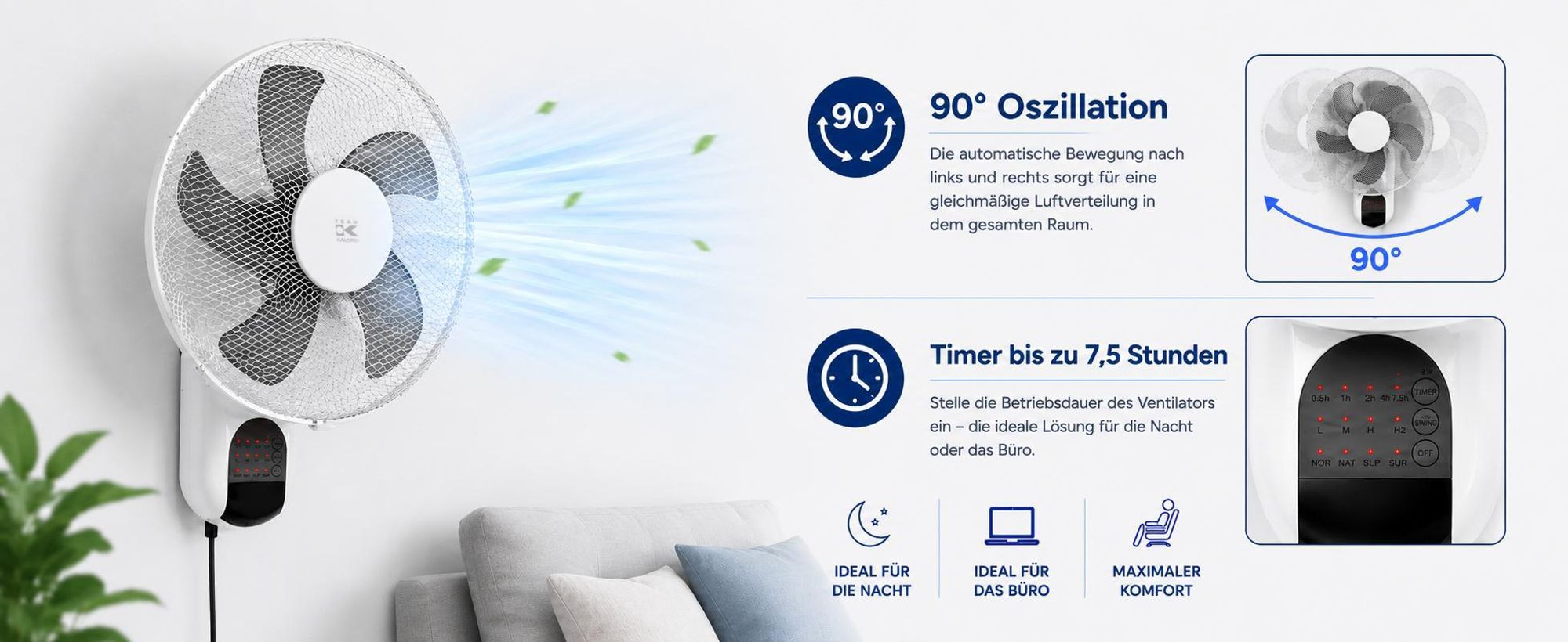 WANDVENTILATOR mit FERNBEDIENUNG WEISS 45W OSZILLATIONSTIMER