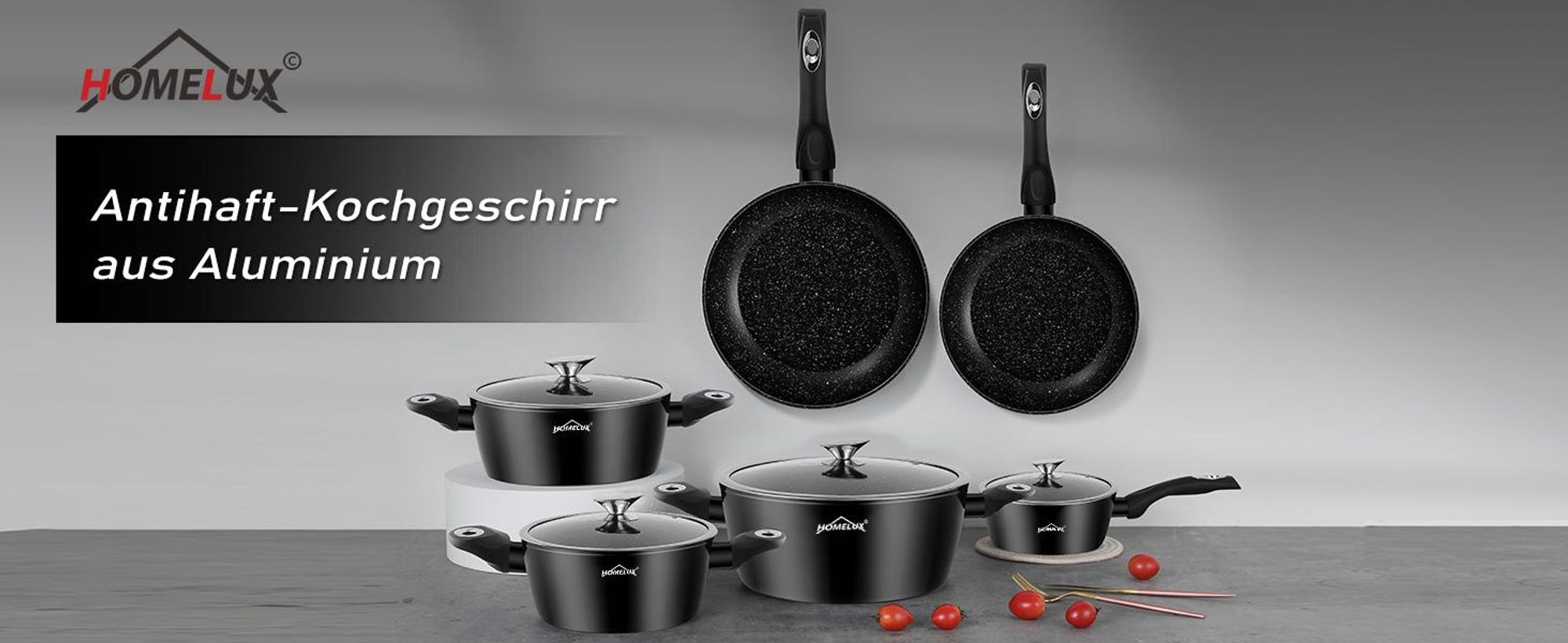 HOMELUX 15-Teilig Topfset Kochtopfset Antihaft Topfset Induktion Töpfe, Spülmaschinenfest, Induktions Kochtöpfe Set Töpfe mit Deckel-Schwarz