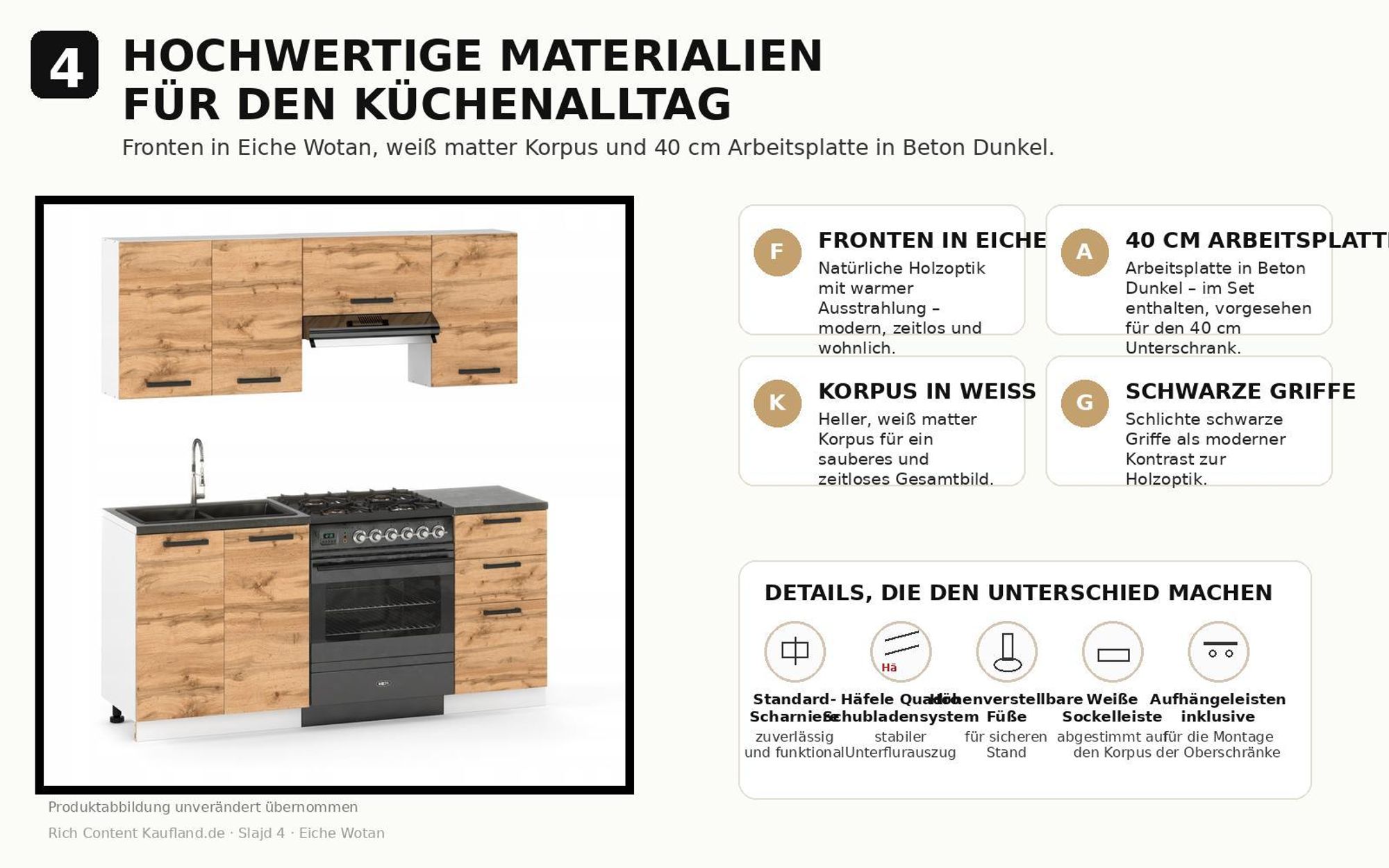 Materialdetails mit Fronten in Eiche Wotan, weißem Korpus und schwarzen Griffen.