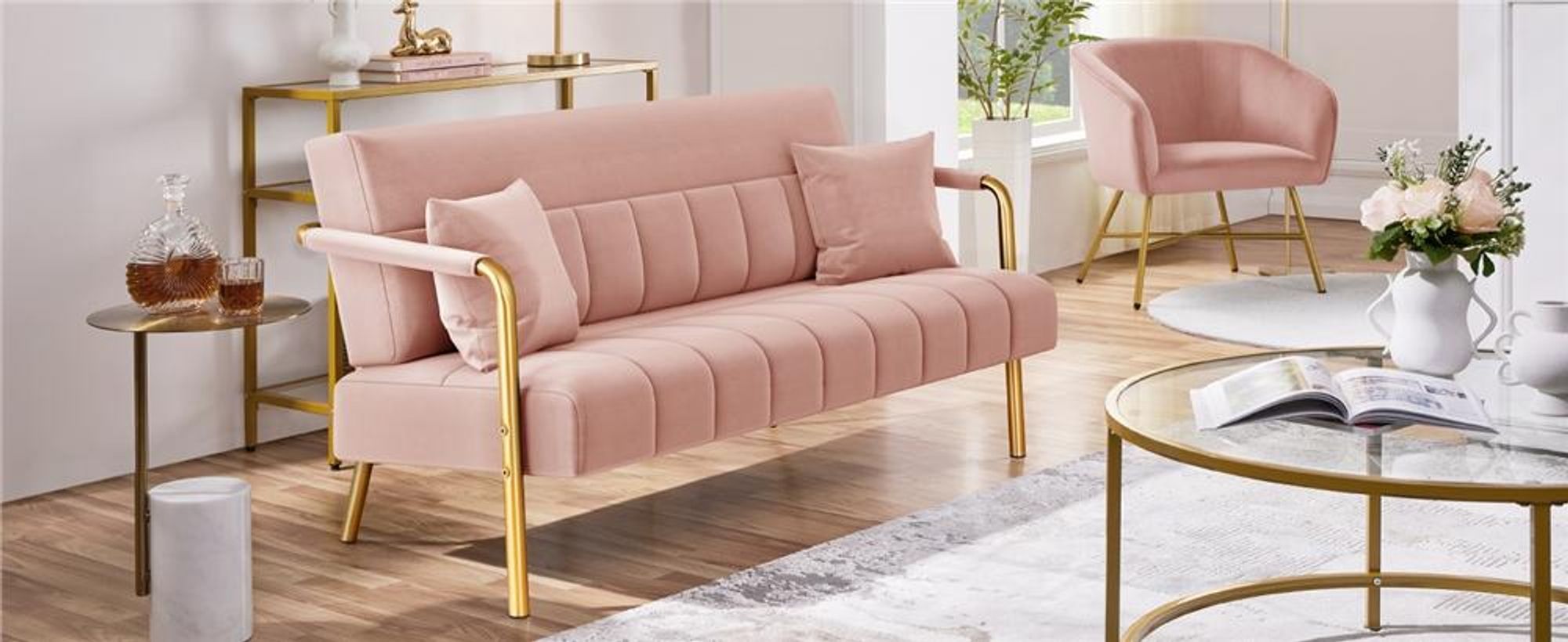 Yaheetech Polstersofa mit Armlehnen & Beine aus Metall Modernes Zweisitzer-Sofa mit 2 Lendenkissen Loveseat fürs Wohnzimmer/Schlafzimmer Rosa