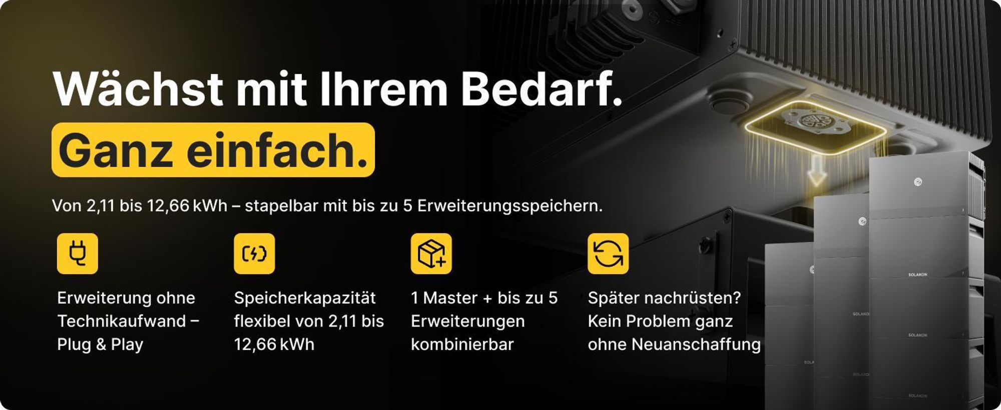 Solakon ONE Erweiterungsspeicher mit 2,11 kWh Kapazität für Balkonkraftwerk, modulare Erweiterbarkeit auf bis zu insgesamt 6 Einheiten (12,66 kWh)