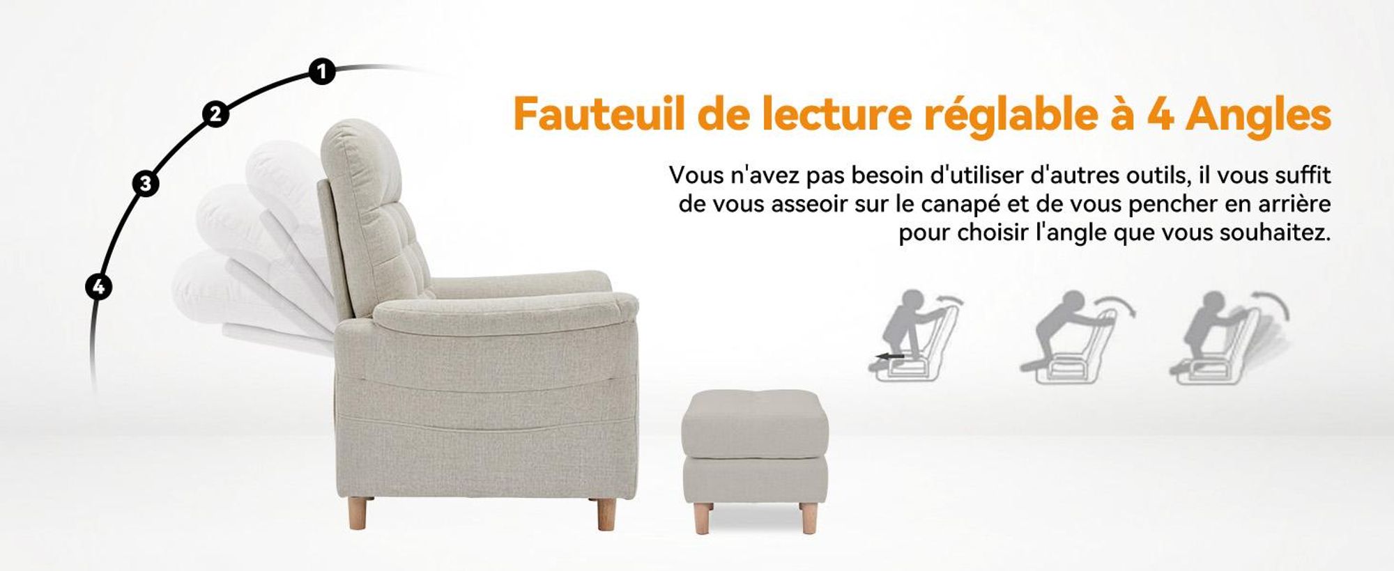 COMHOMA Fauteuil de relaxation Fauteuil TV avec dossier réglable 4 vitesses jusqu'à 160°, coussin à ressorts avec pouf Fauteuil de relaxation unique Salon Beige