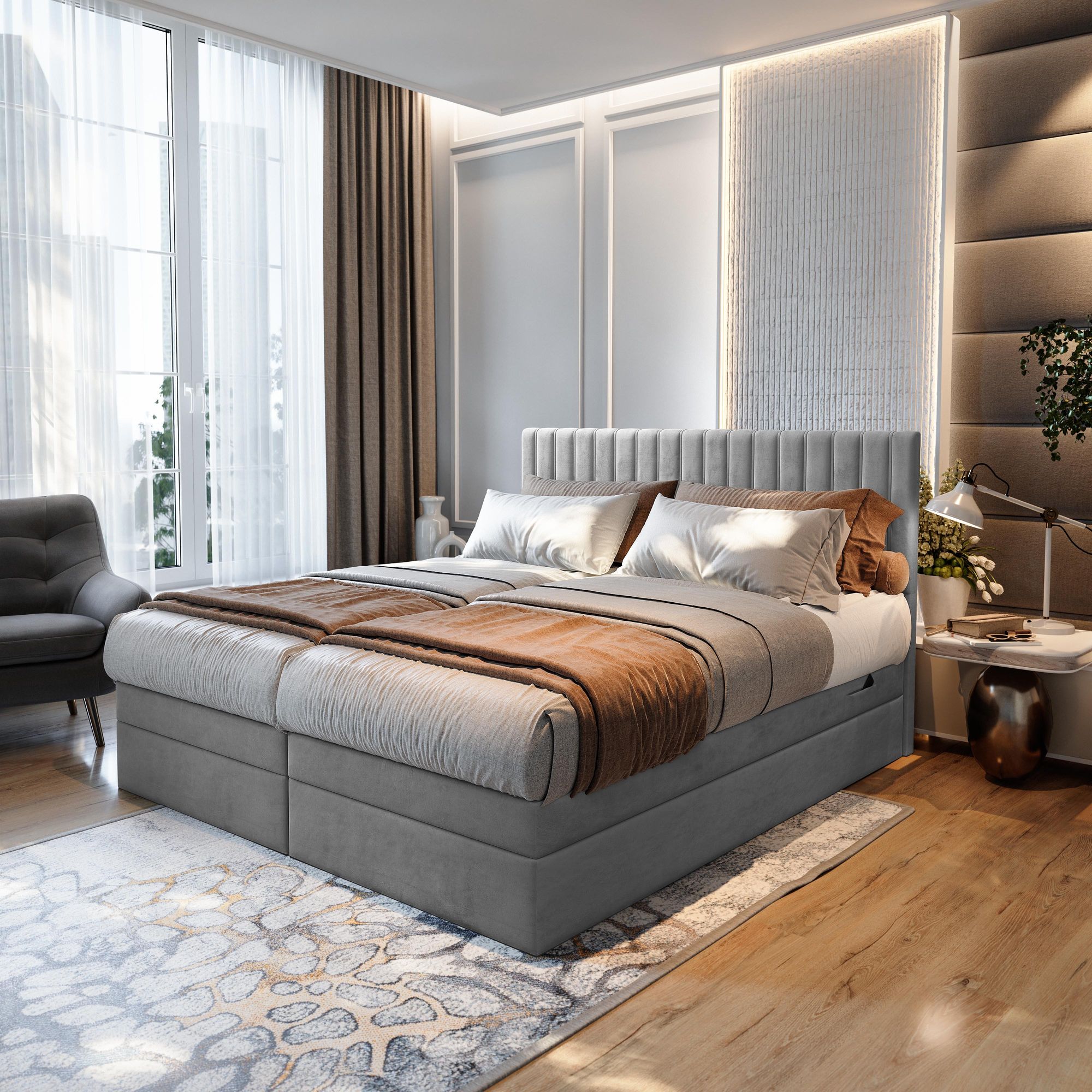 TRADA Adele Boxspringbett 140x200 Elektrisch verstellbar Taschenfederkern Doppelmatratze 9 Zonen Topper Bett mit Bettkasten Velour Stoff Beige