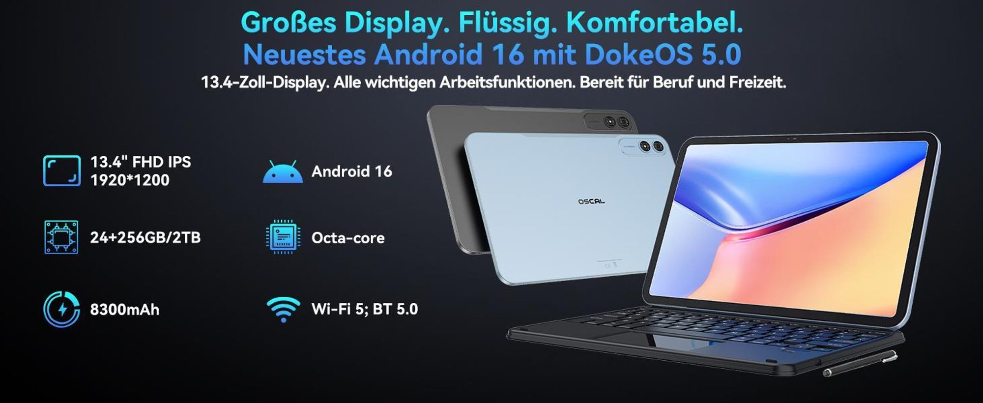 Blackview oscal Tablet mit Tastatu, 13,4" 2K 120Hz Display, 24GB(6+18)+256GB, Android 16, 4G SIM, 8300mAh, 16+8MP Kamera, Slim 0,79cm/750g, All-in-one