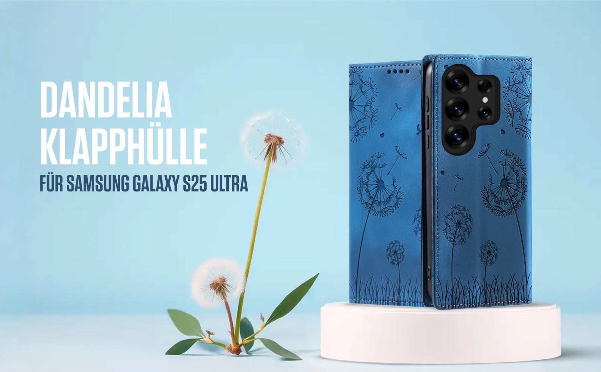 Blaue Klapphülle für Samsung Galaxy S25 Ultra mit feiner Löwenzahn Prägung