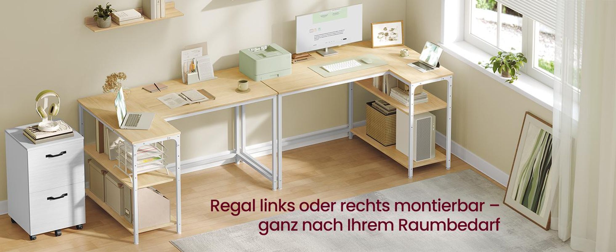 VASAGLE Schreibtisch mit Stauraum, L-Form Computertisch, höhenverstellbare Ablage, Büro, 110 x 80 cm, Natureichenfarben und Mattweiß