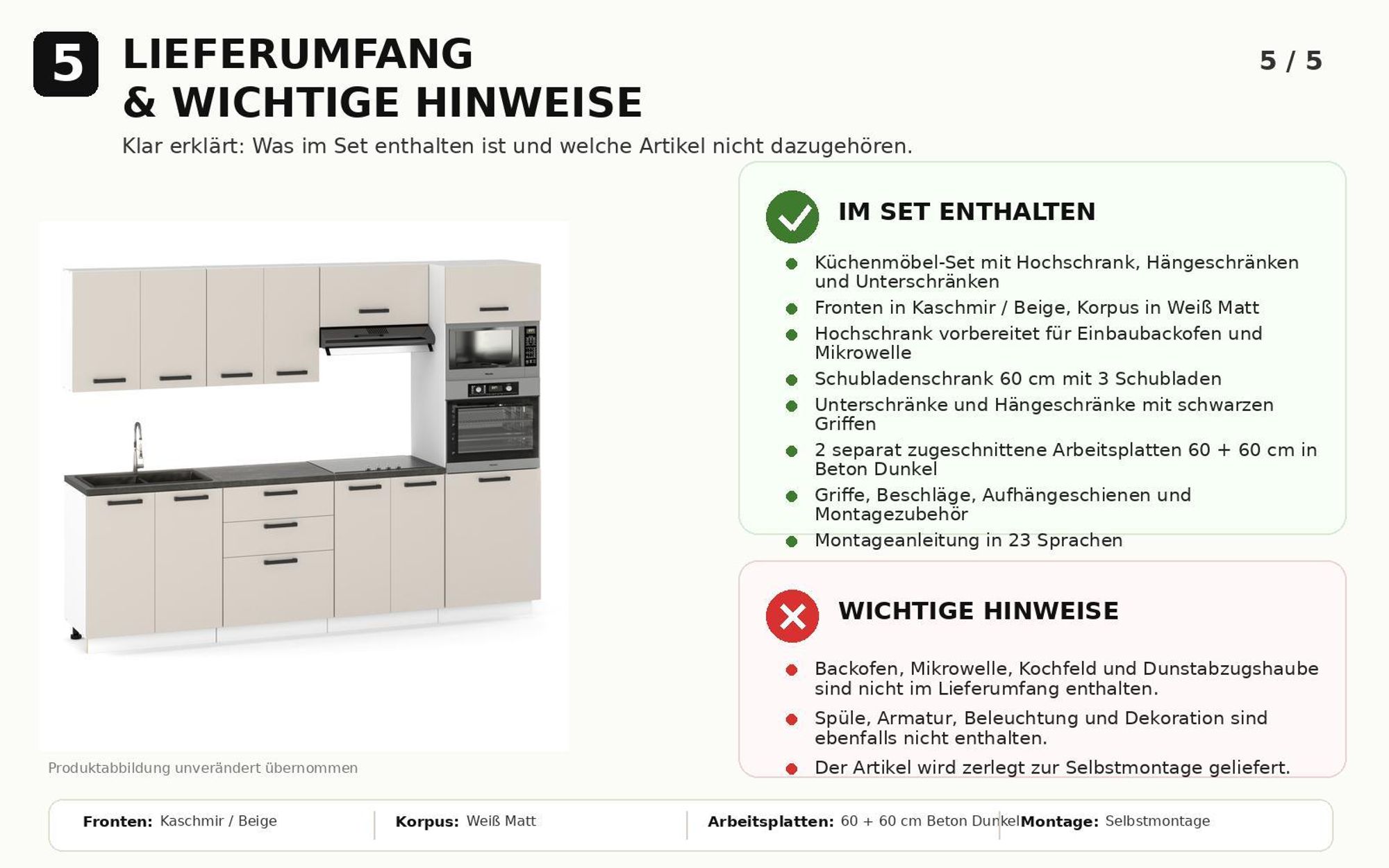 Lieferumfang der Küche mit Hochschrank, Schränken, Arbeitsplatten und Montagezubehör.