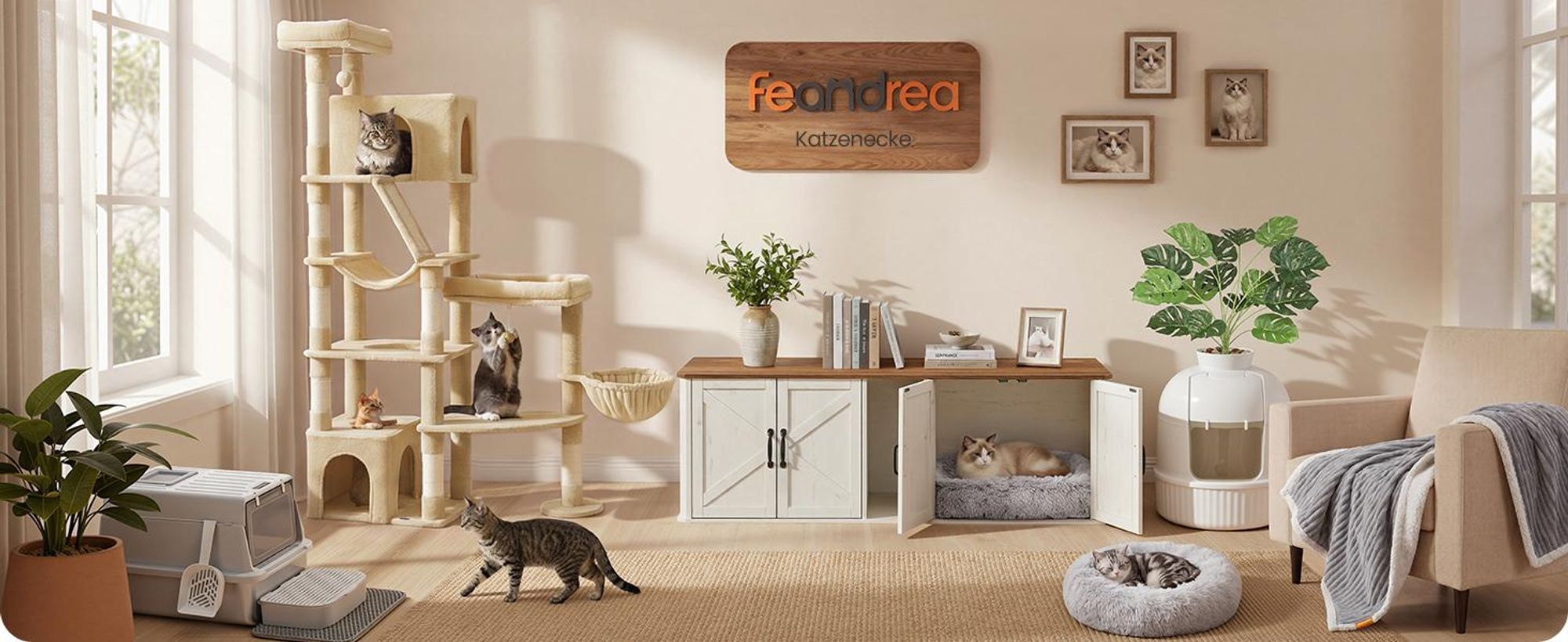 FEANDREA Kratzbaum für Große Katzen, Stabil mit 6 Ruhebereichen und Sisalstämmen, 105 x 45 x 188 cm, Beige