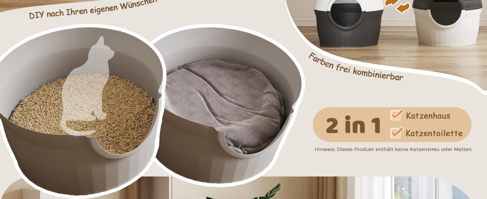 Mondeer 2-in-1 Katzentoilette & Schlafhöhle mit Deko-Pflanze, individuell gestaltbar, belüftet – inkl. Katzenangel und Schaufel Grau