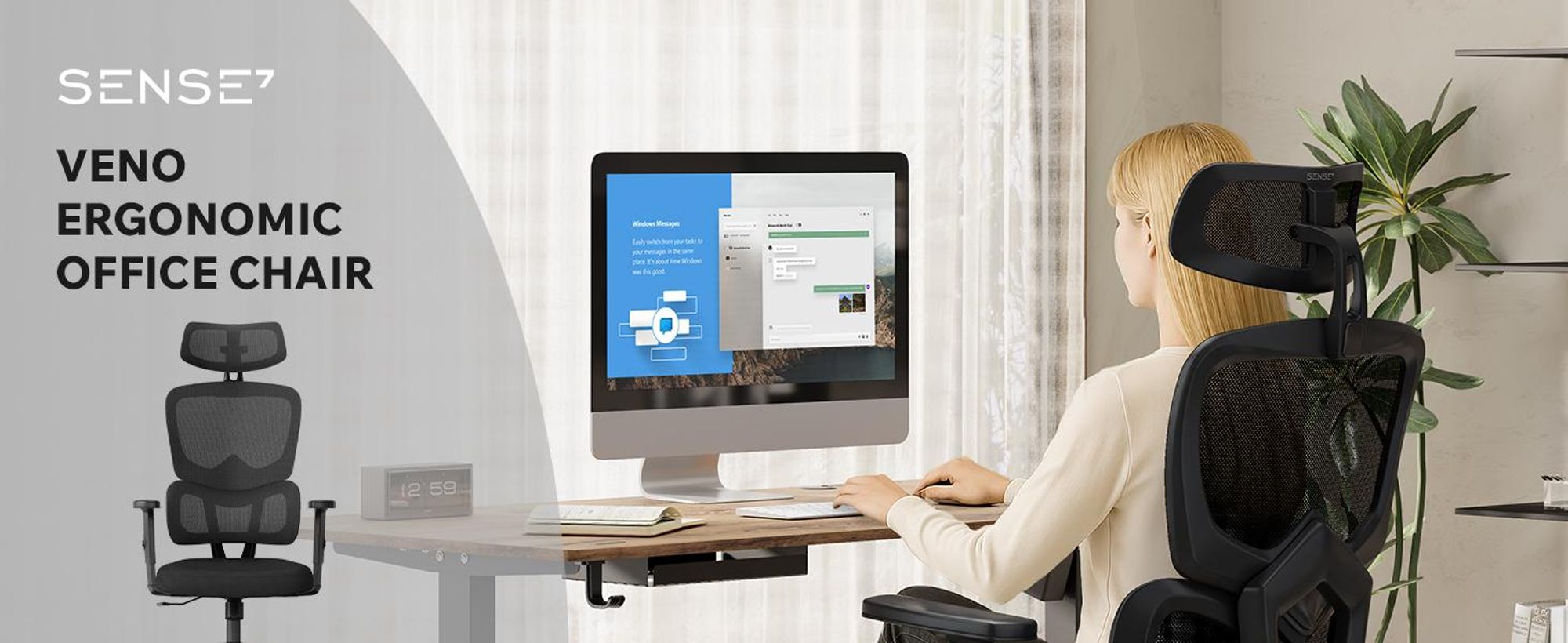 SENSE7 VENO Ergonomická kancelárska stolička Biela stolička k písacímu stolu S deleným operadlom Opierka hlavy Sieťované operadlo Stolička do domácej kancelárie Riaditeľská stolička Stolička k počítaču Gumové kolieska Nosnosť 120 kg
