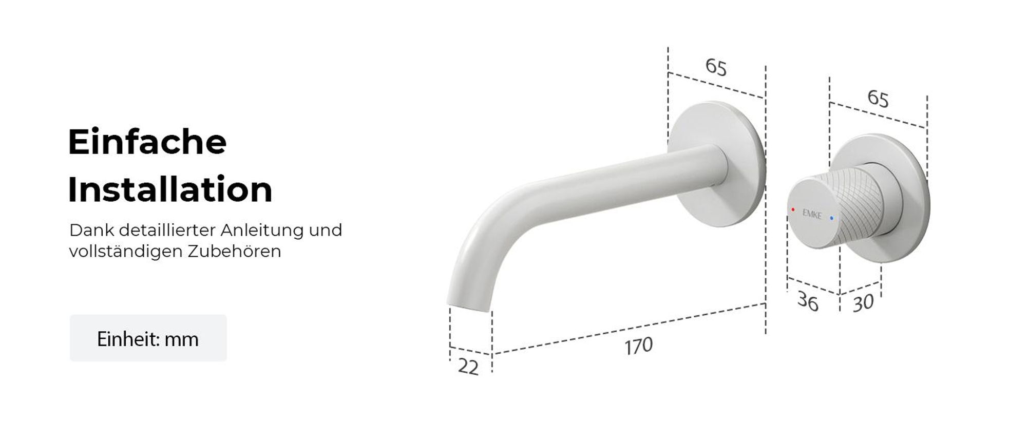 EMKE Unterputz Wandarmatur, 360° schwenkbar, 2-Loch Badarmatur aus Messing, Wandmontage für Waschbecken,288 x 210 x 70mm,Weiß