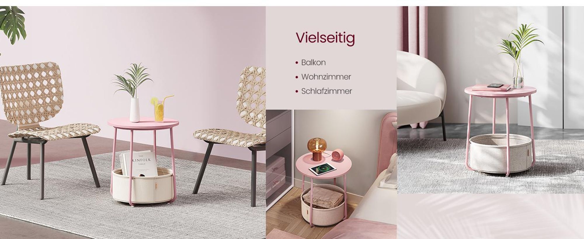 VASAGLE Beistelltisch, rund, mit Korb, Ø45 cm, pastellrosa-wolkenweiß
