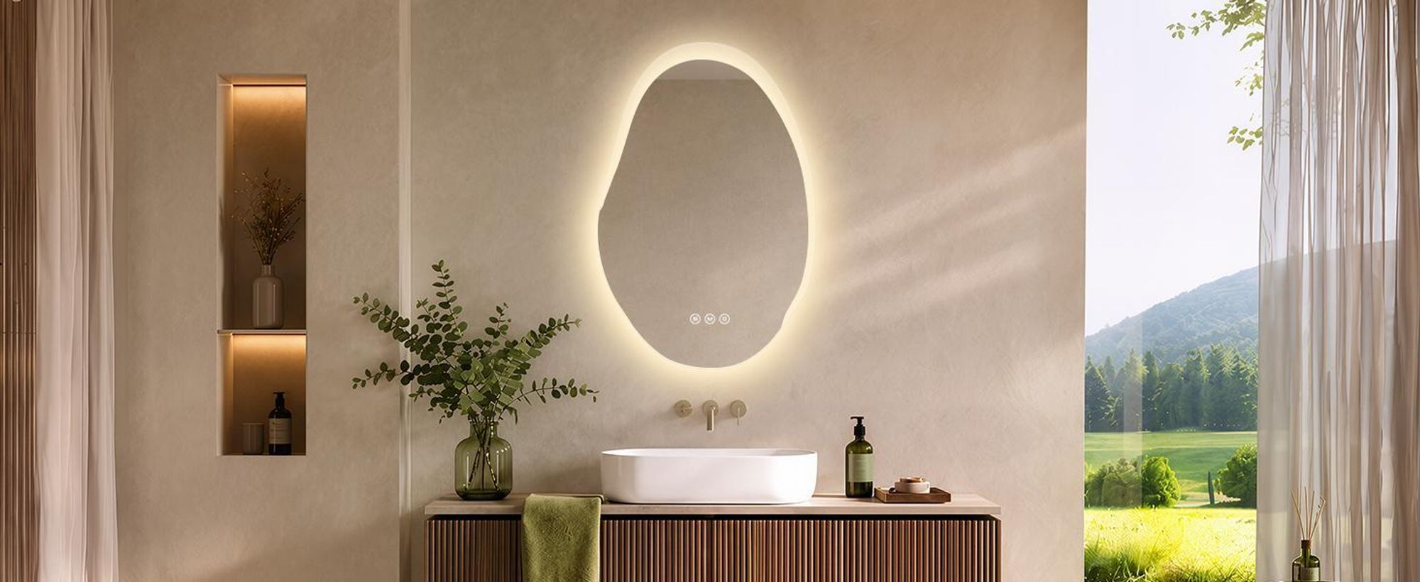 S'AFIELINA Specchio Bagno LED 48 × 72 cm, Asimmetrico, Touch, Senza Cornice,3 colori di luce, dimmerabile, antiappannamento e memoria