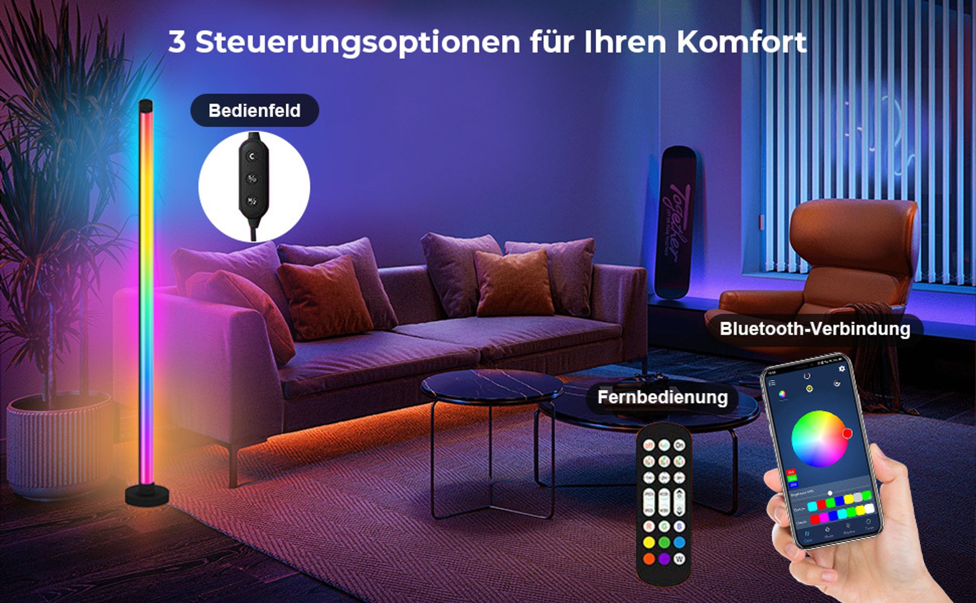 LED Stehlampe RGB ​Dimmbar Stehleuchte Bluetooth App-Steuerung Musik Sync Lichtsaeule Ecklampe Standleuchte mit Fernbedienung