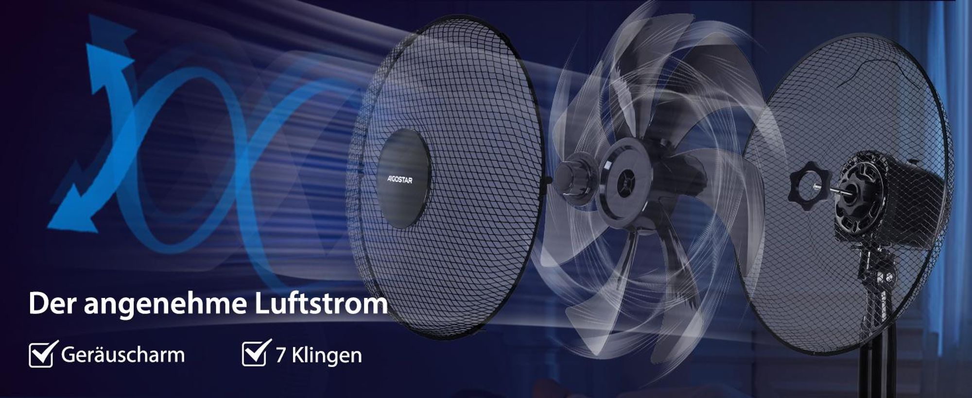 Aigostar - Standventilator, 3 Geschwindigkeiten, 7 Klingen, 41 cm Durchmesser, leise, 75° Oszillation, Schwarz