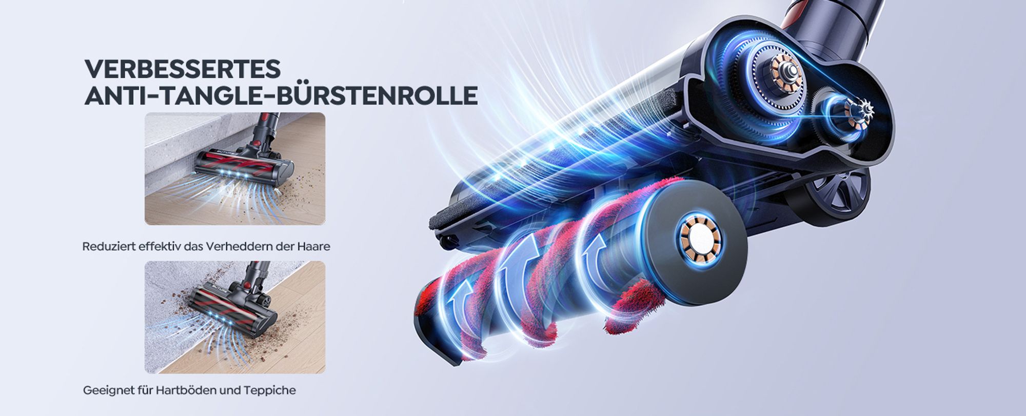 BuTure Akku Staubsauger, 450W 38KPa Staubsauger Kabellos mit Automodus, Leiser Akkusauger Bis zu 55 Min.