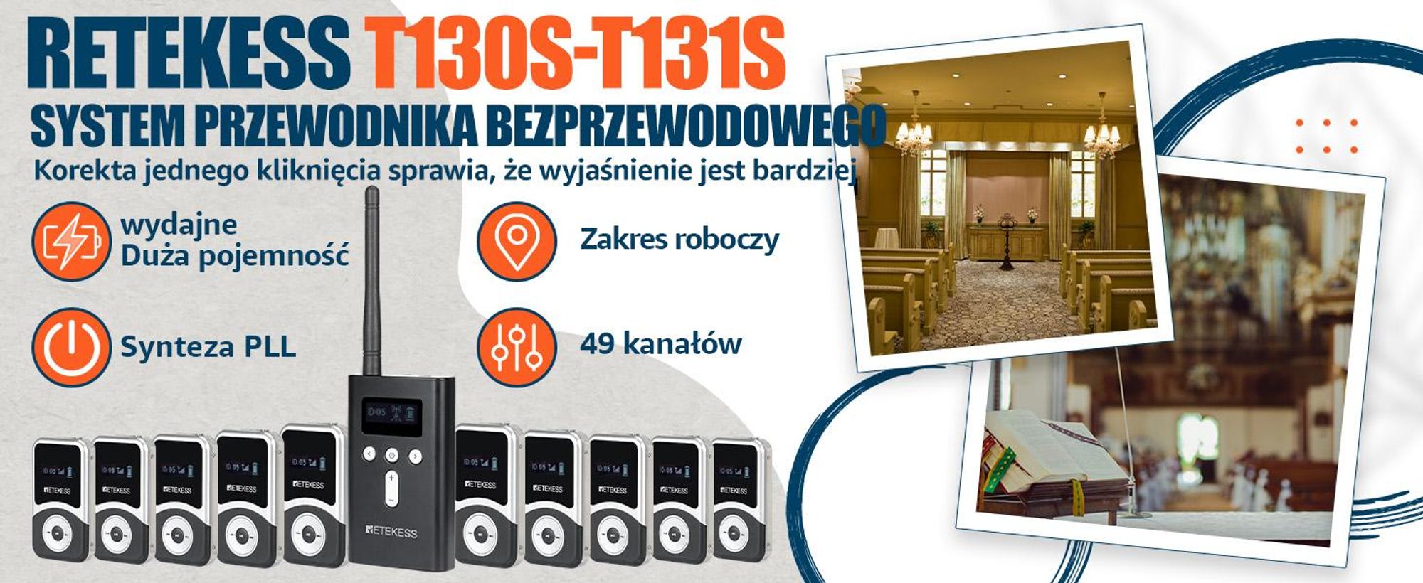 Retekess T130S TOUR guide system, komunikator bezprzewodowy, 49 kanałów, standby 20H, 100M, technologia PLL, dla biur podróży