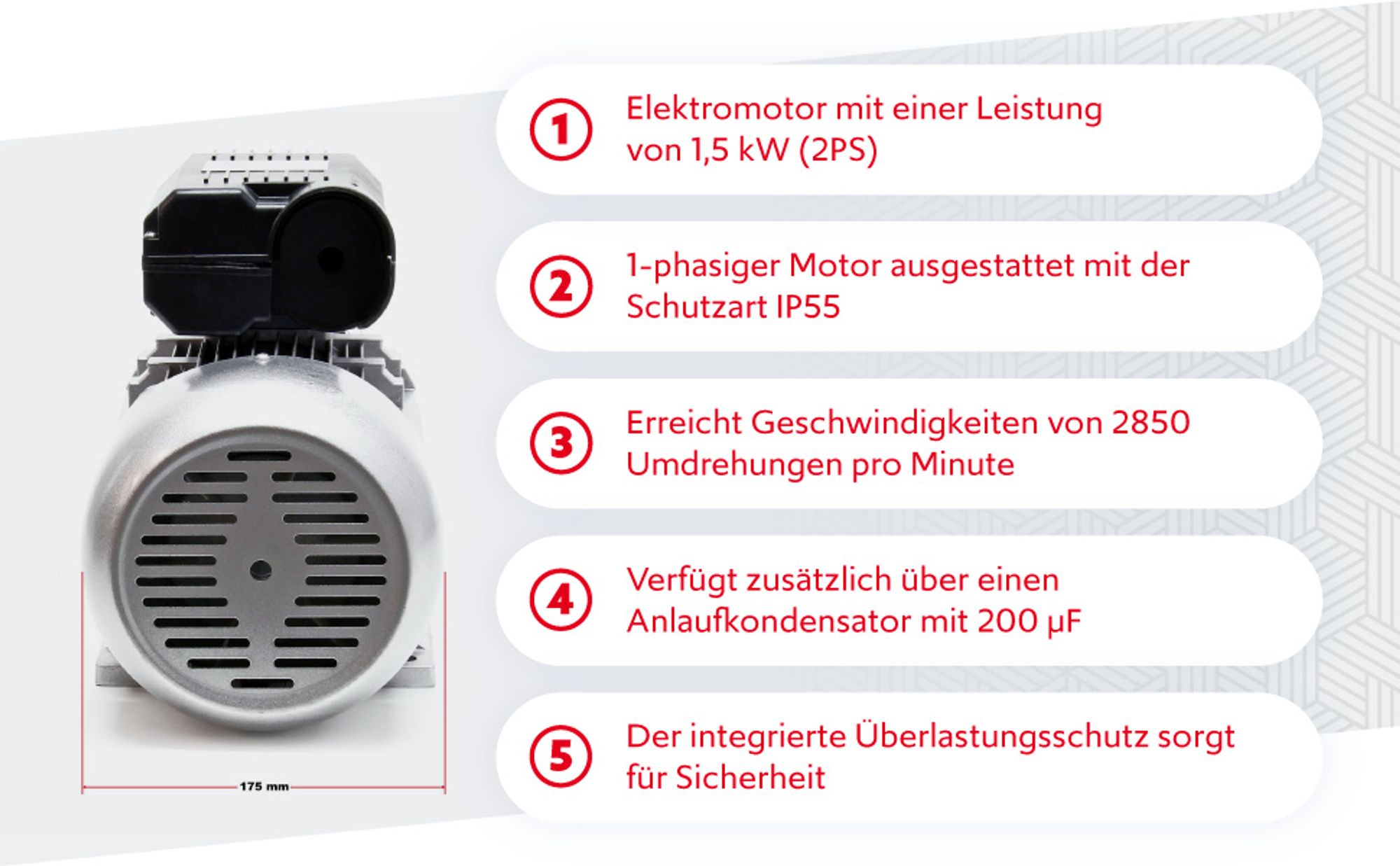 Wiltec Elektromotor 230 V 1,5 kW (2 PS) 1-phasig 2-polig E-Motor mit Anlaufkondensator 2850 U/min und Aluminiumwicklung