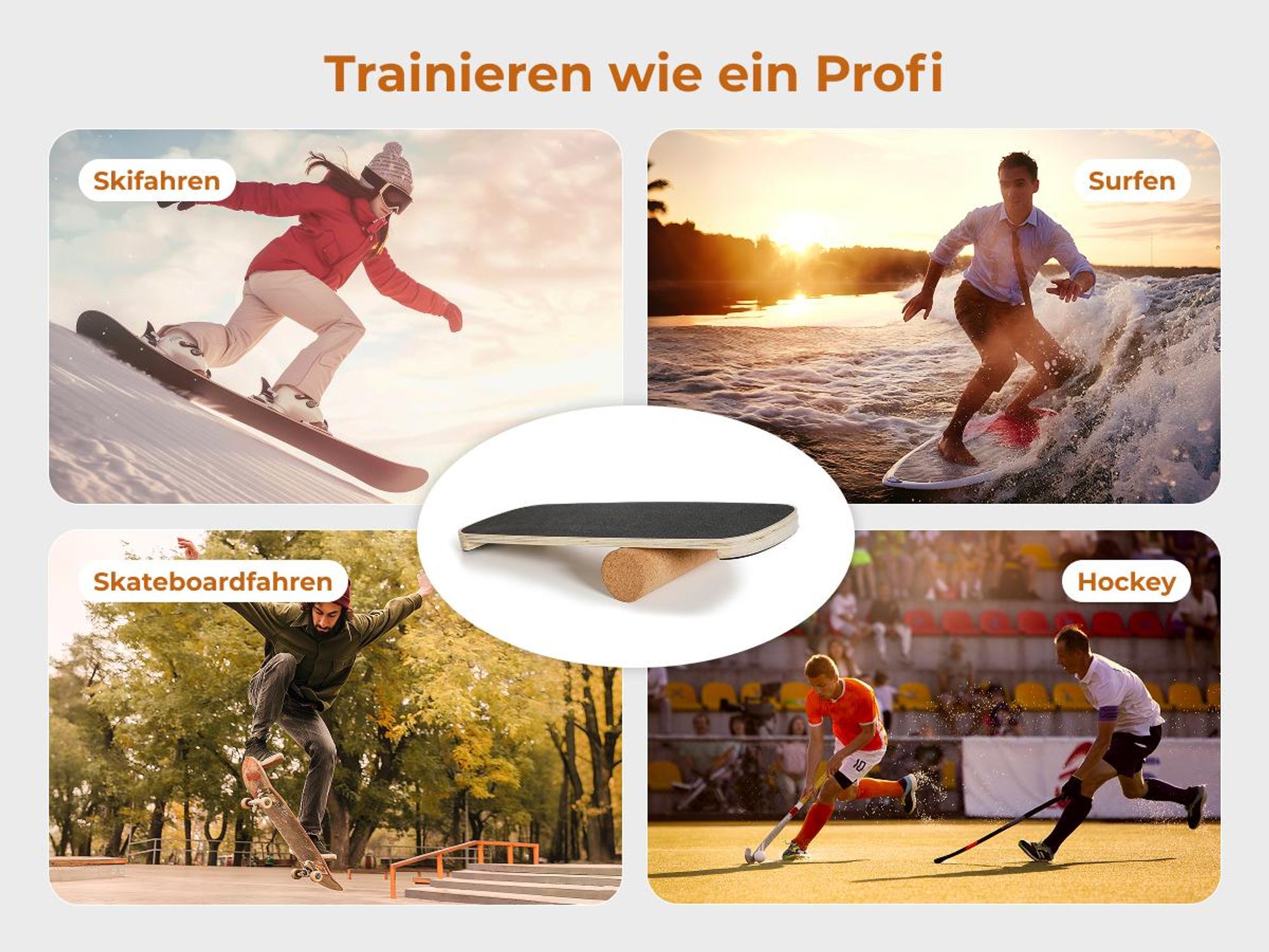 Planche d'équilibre HOKO ROLLO en bois avec rouleau en liège, idéale pour l'entraînement de l'équilibre, la coordination et les sports de planche, supportant jusqu'à 160 kg